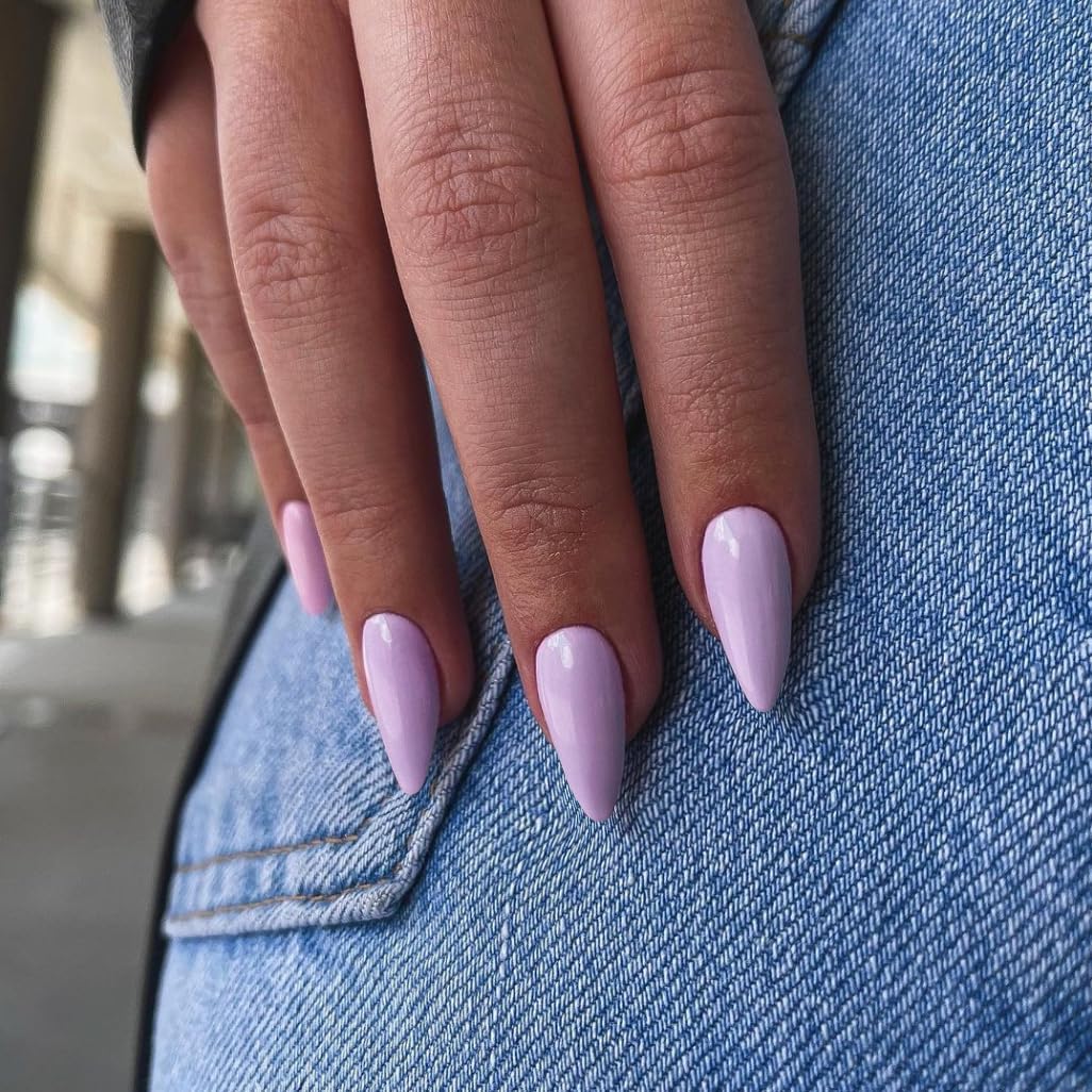 Light Purple Press on Nails Medium Stiletto Almond,KQueenest Pure Color Acrylic Nails Kit Reusable Fake Nails with Feature Protective UV Coating for Women Nail Art Manicure in 24PCS