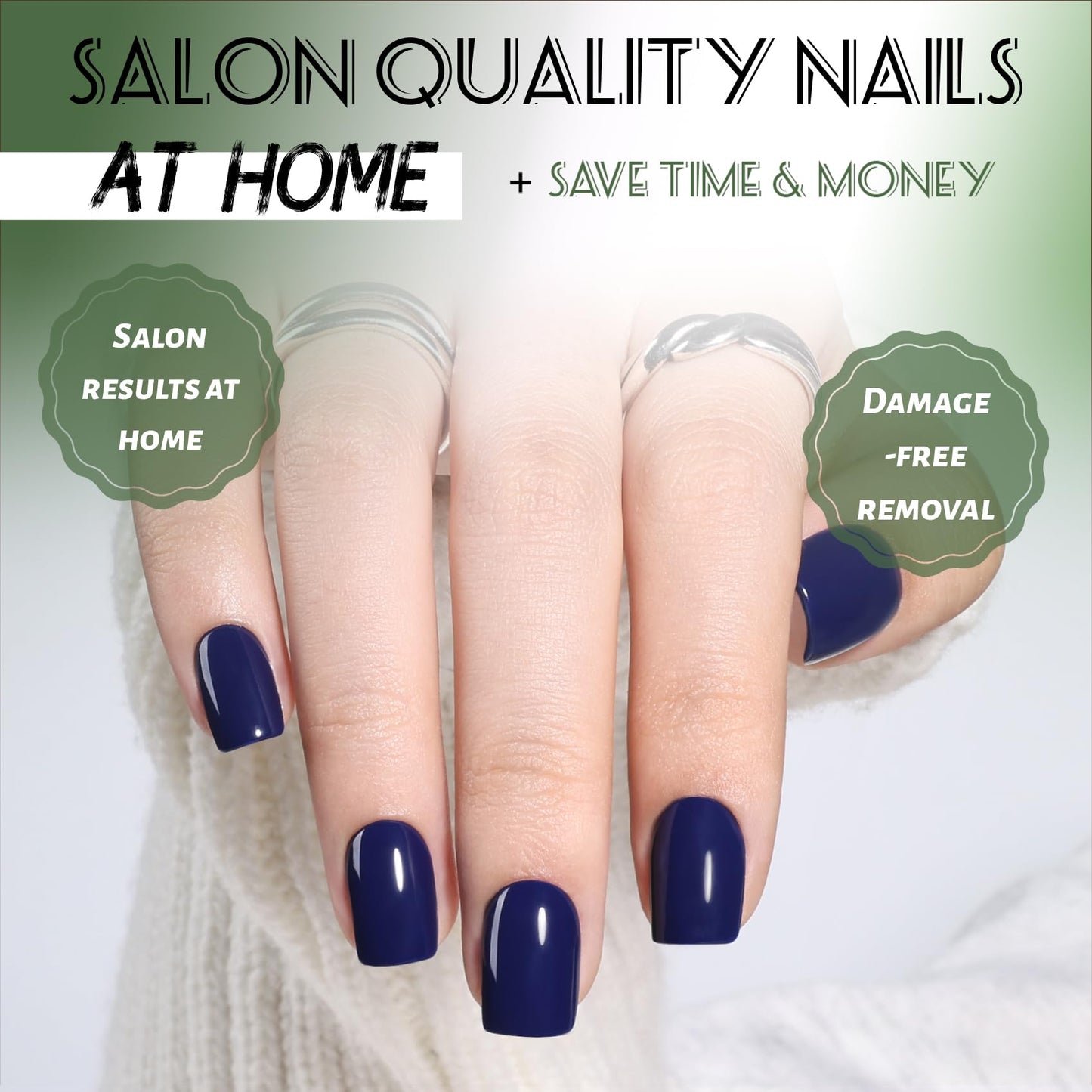 Blue Press On Nails Square - Short Square Fake Nails with Nail Glue, Dark Blue Press On Nails Reusable Stick On Nails in 15 Sizes - 30 Nail Kit for Women & Girls | Salon Quality