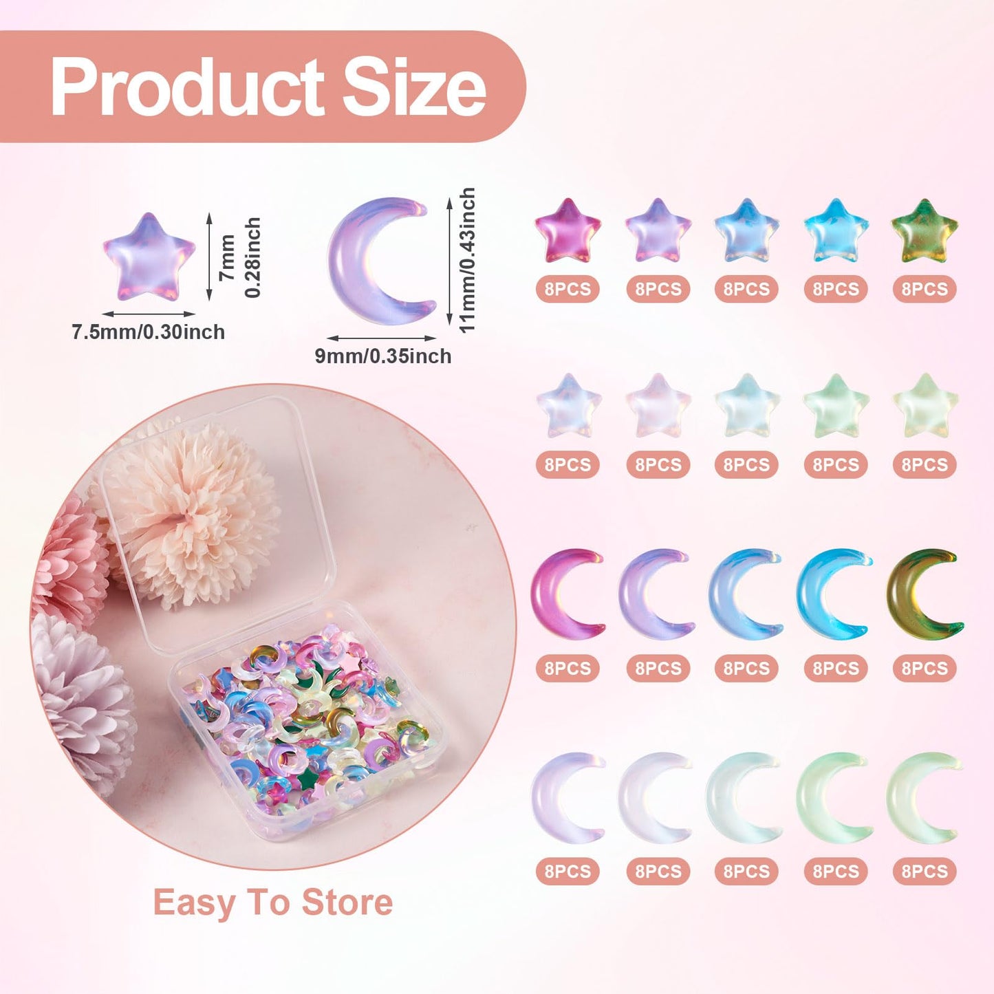 Boutigem 160Pcs Glass Cabochon Crescent Moon Star Crystal Gem Cabochon Accessories 7-11mm 20 Styles for Nail Art Phone Case Mirror Decoration Jewelry Making
