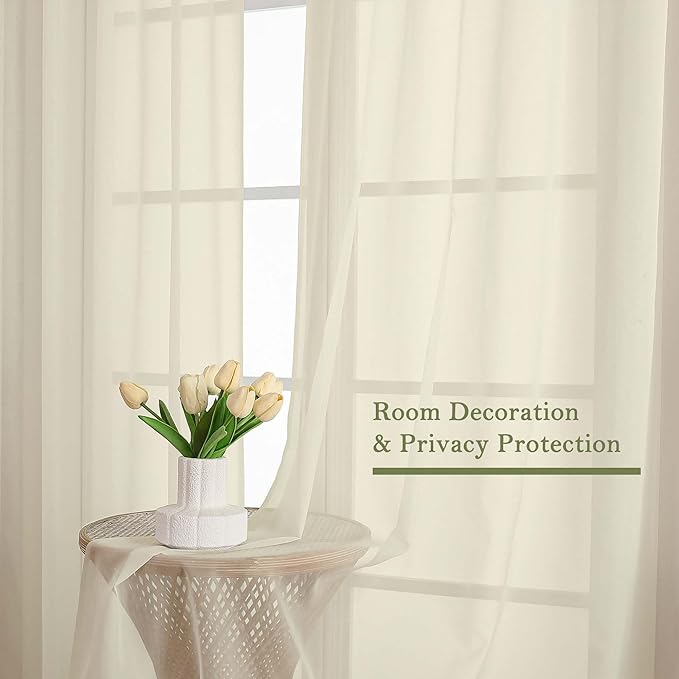 Lecloud Cream Sheer Curtains 120 Inches Long 2 Pcs, Rod Pockets Voile Living Room Curtains for Bedroom Decor, Light Filtering Farmhouse Drapes for Dining Room Windows, Each Panel 59" W x 120" L