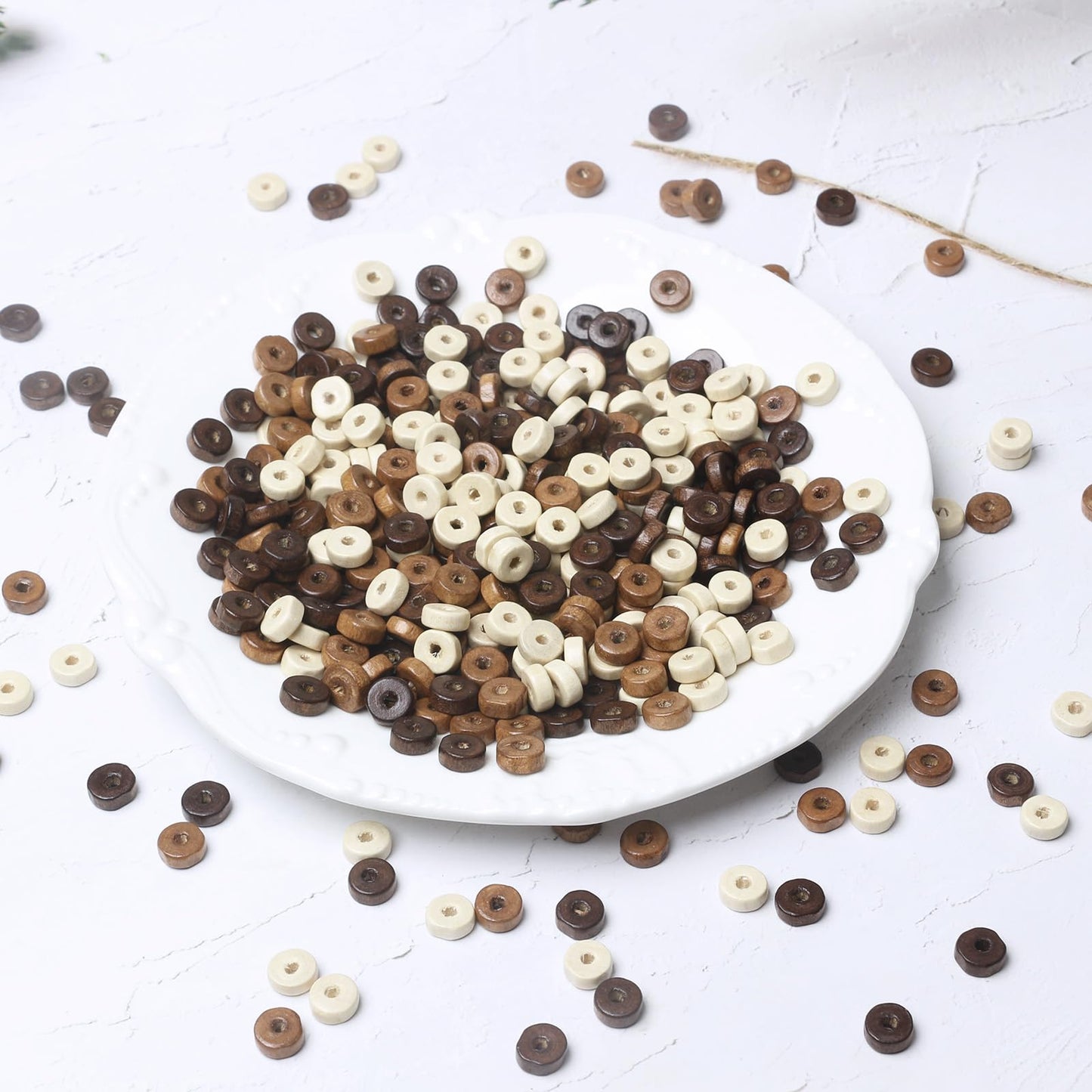 900Pcs Flat Round Wooden Beads - 7mm Wood Loose Spacer Beads for DIY Crafts, 300Pcs for Each Color