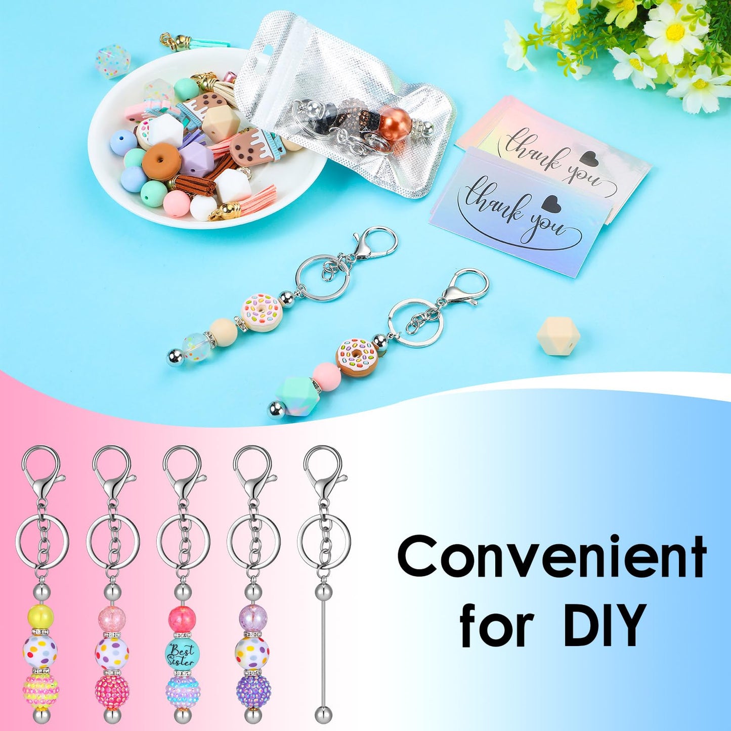 Sasylvia 60 Pcs Beadable Keychain Bars Bulk Making Kit 20 Beaded Keychain 20 Bag 20 Thank You Cards for DIY Keyrings Charms(Silver)