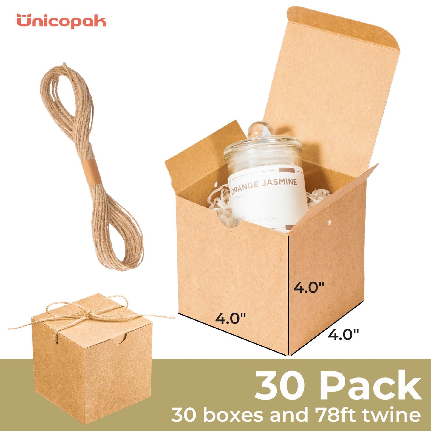 UnicoPak 30 Pack 4x4x4 Small Brown Gift Boxes with Lids & Twine - Premium USA Kraft Cardboard - Pop-Up Easy Assembly Gift Boxes for Presents, Candles, Mugs, Ornaments, Favors