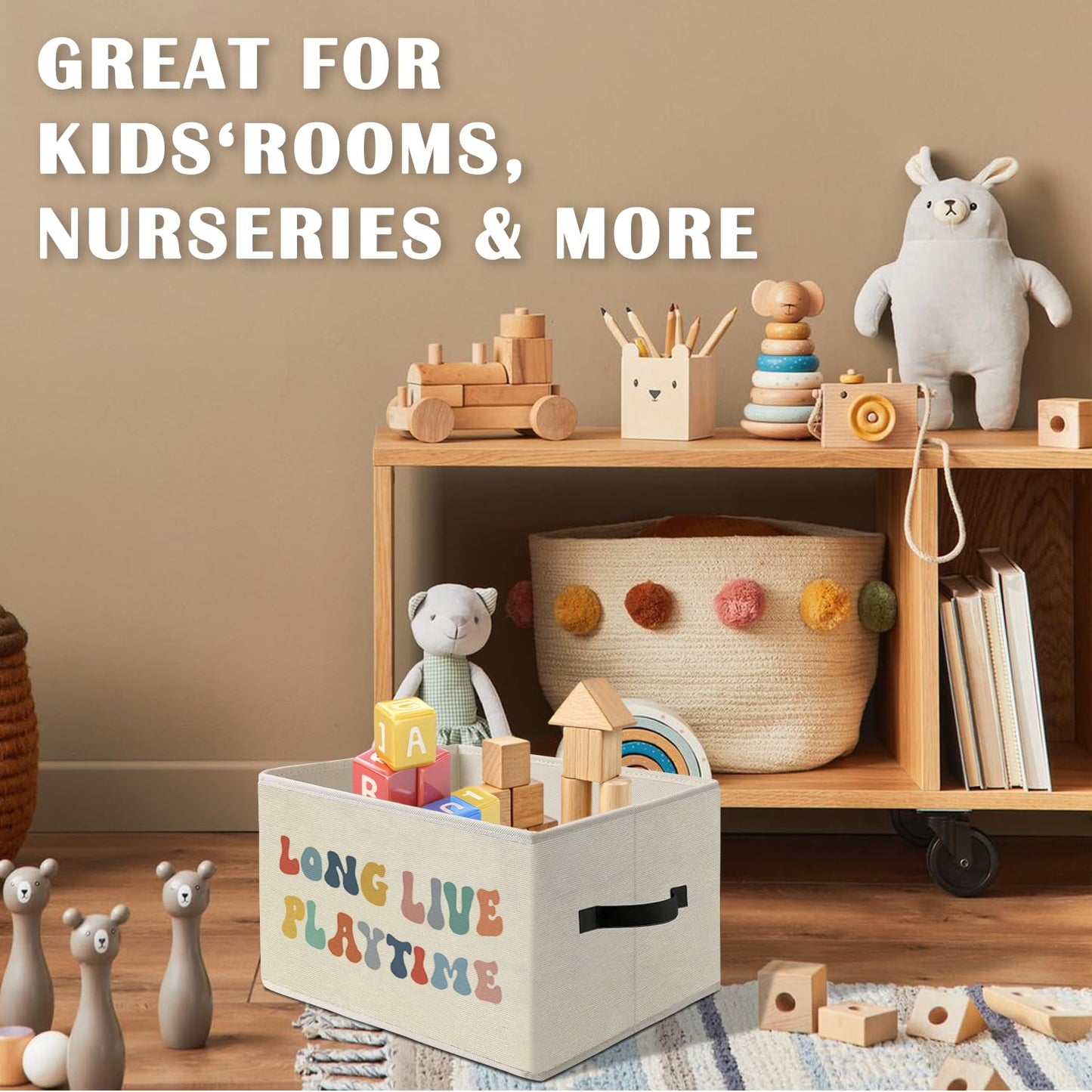 Dilemat Boho Long Live Playtime Toy Storage Bins Box, Playroom Decor,Foldable Collapsible Storage Basket Organizer for Toddler Nursery Room Bedroom Playroom Toys Books Clothes