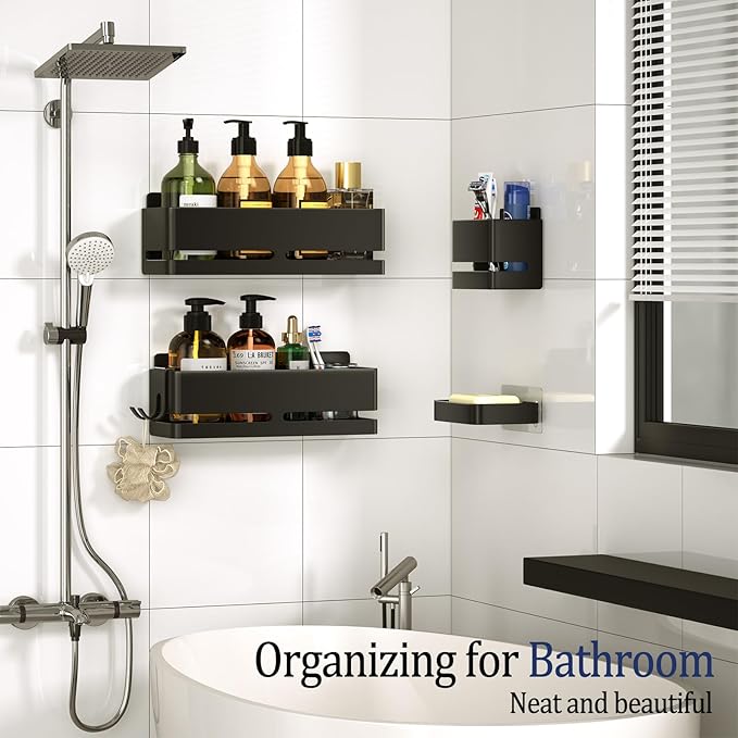 Bathroom Storage Rack (5-Piece Set), Wall-Mounted Shelf with soap Dish and Toothbrush Holder, no Drilling Required, Ideal for Bathroom Storage and Also Suitable for Kitchen (Black)