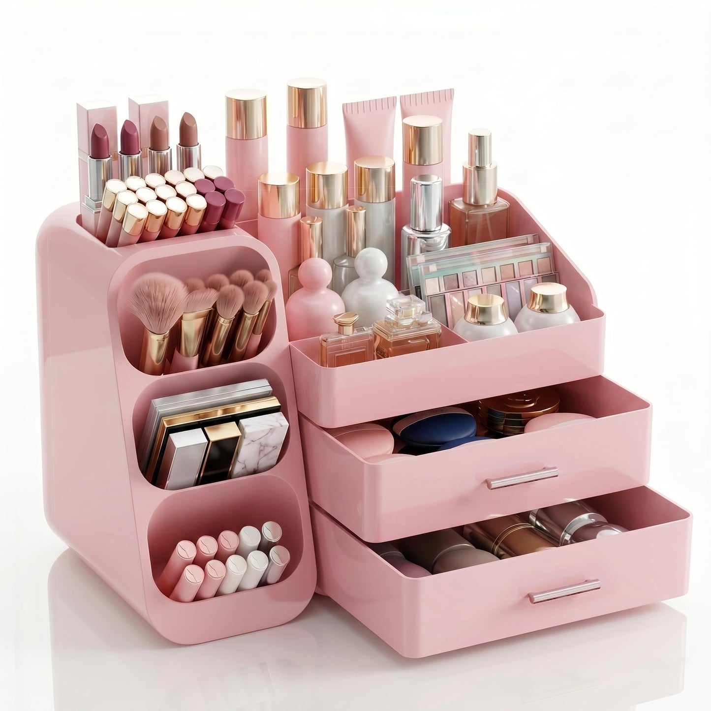 KQJS Makeup Organizer with Drawers,Large Capacity Countertop Organizer for Vanity,Bathroom and Bedroom Desk Cosmetics Organizer,Easy To Storage Skincare,Brushes,Lotions (All Pink)
