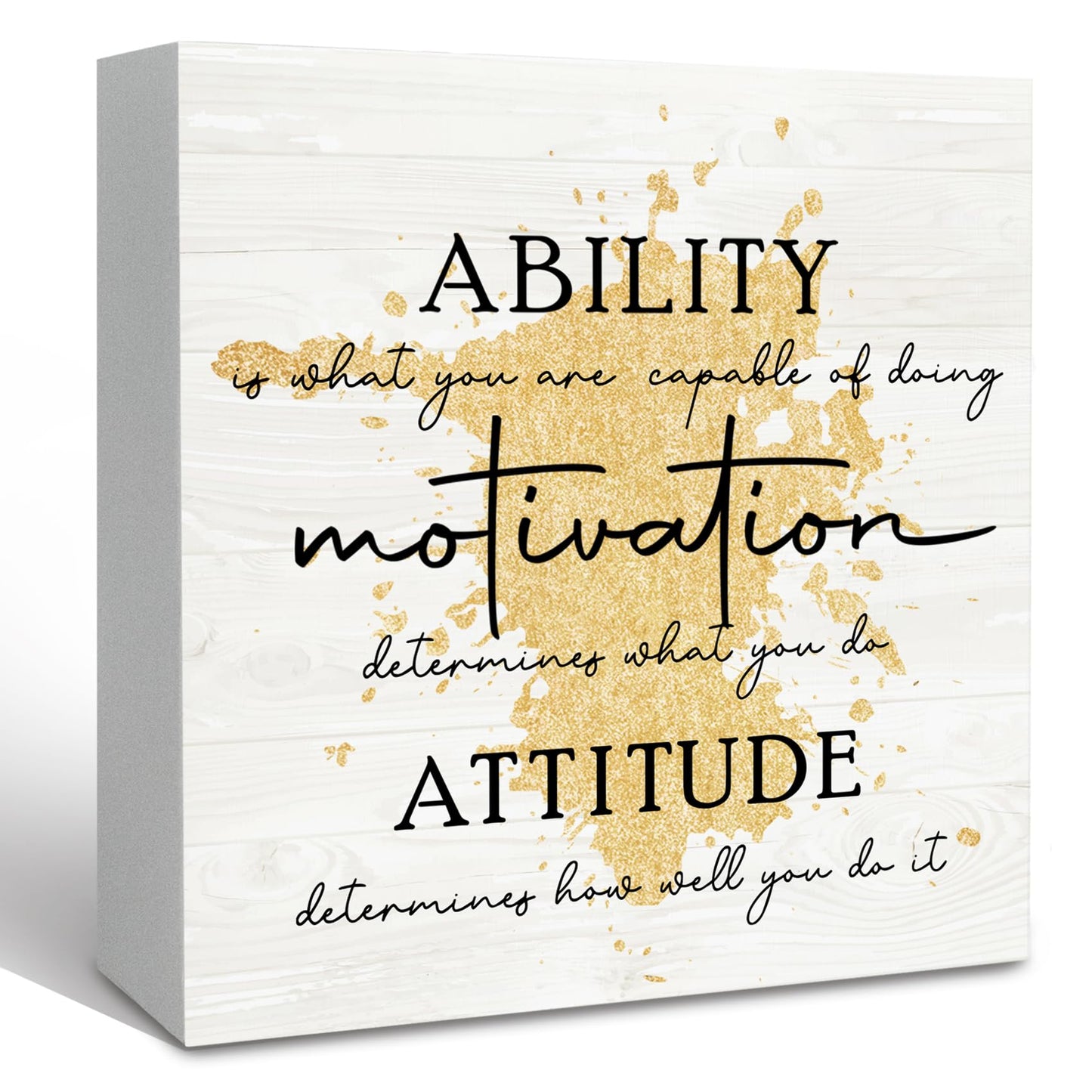 KFXHANGD Gold Office Inspirational Quotes Wooden Box Sign Desk Decor, Ability Motivation Attitude Decorative Signs, Motivational Home Shelf Desk Decor 5x5 Inch
