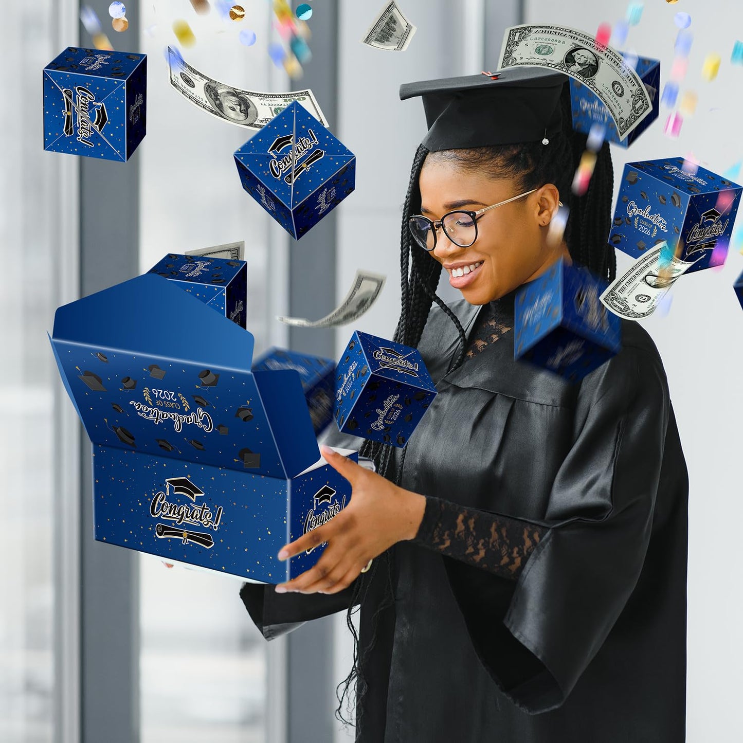 Lyforpyton 2026 Graduation Surprise Explosion Gift Box , DIY Grad Cash Folding Bouncing Gift Box , 15 Pcs Graduation Pop Out Folding Bounce Money Gift Box with Confetti , Suitable for Party Gifts for Graduates ( Blue )