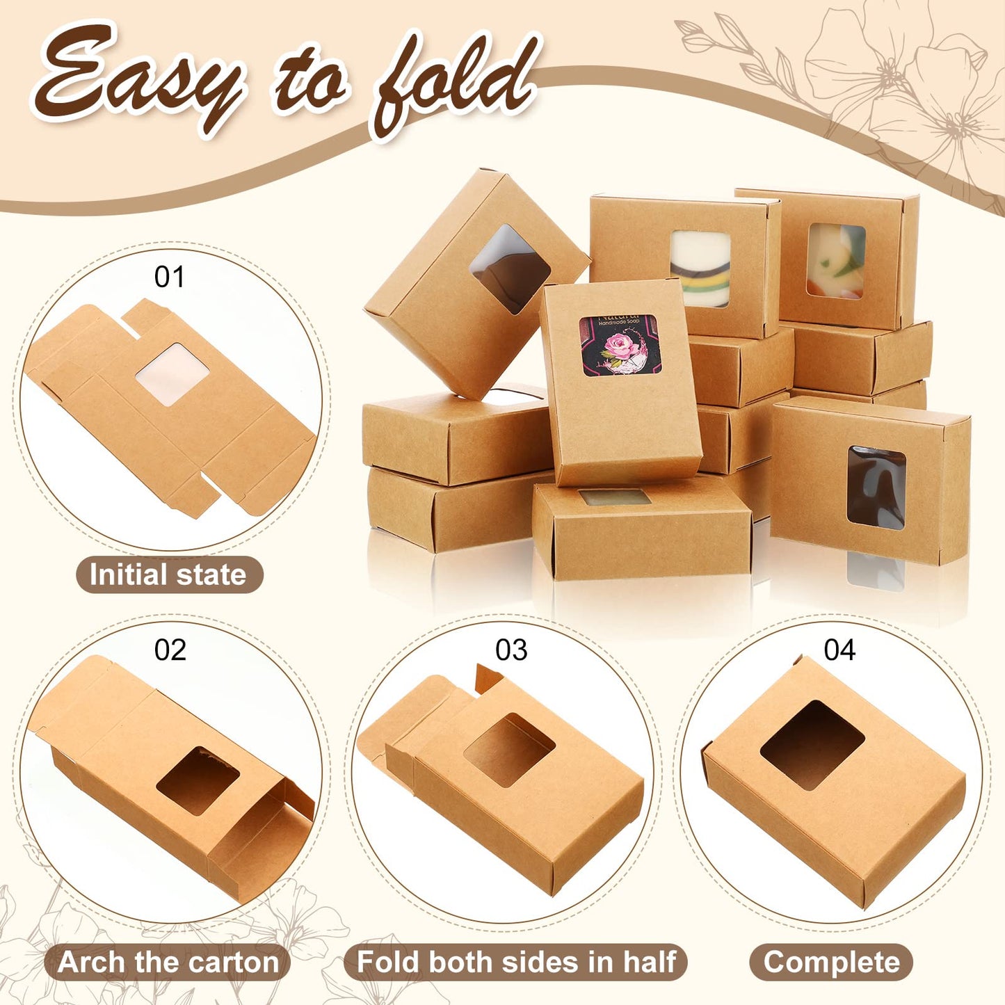 Outus 100 Pcs Soap Packaging Boxes Bulk Soap Boxes for Homemade with Window Mini Kraft Paper Container Homemade Craft Making Gift Wrappers for Cookies Candy, 3.5 x 2.6 x 1.2 Inch (Brown)