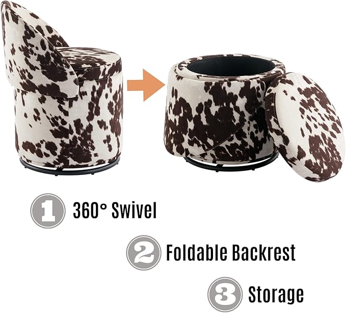 LukeAlon Linen Makeup Ottoman with Storage, Upholstered 360° Swivel Vanity Stool with Foldable Backrest Modern Cylindrical Footrest Stool for Living Room Bedroom, Cow Print
