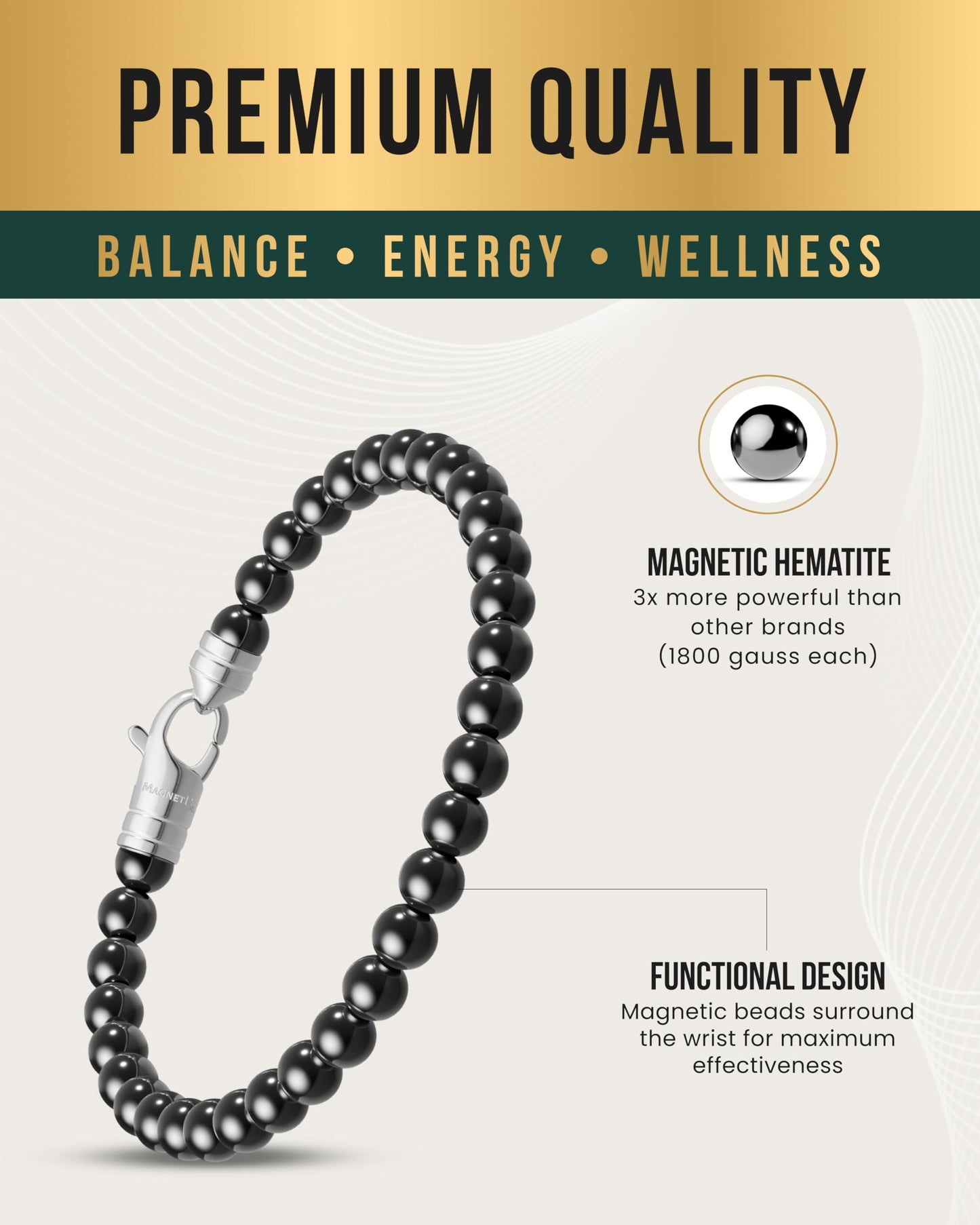 MagnetRX® Hematite Magnetic Bracelet – Max Strength Magnet Stones – Elegant Beaded Hematite Bracelets for Men and Women (Classic | Large)