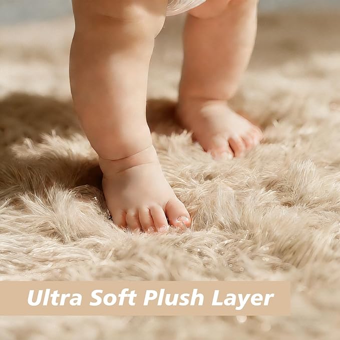 Ultra Soft Fluffy Area Rugs for Bedroom Living Room 10x14, Nursery Rug, Non-Slip Carpet for Kids Dorms Decor, Shaggy Bedside Rug, Beige