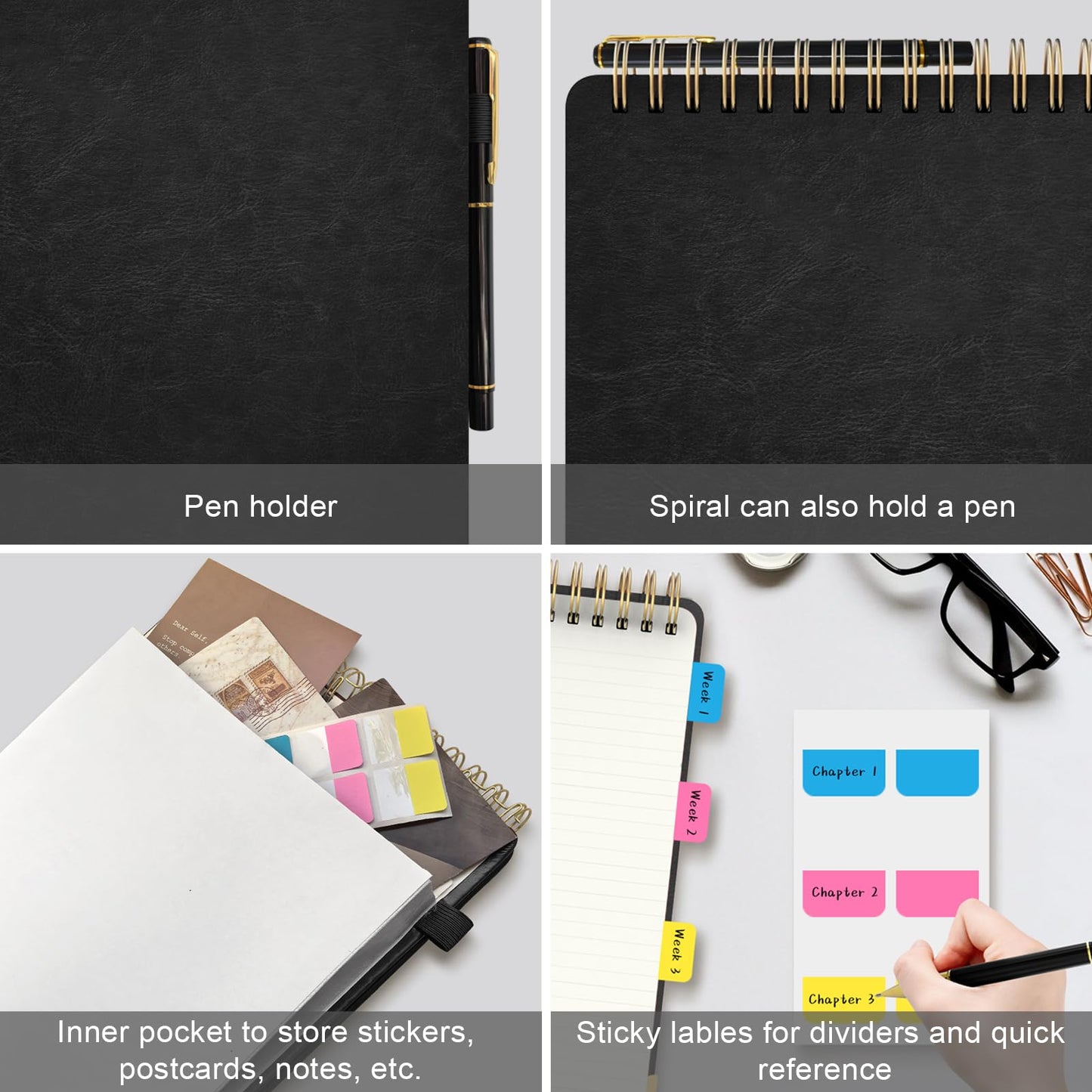 Mousbull A4 Top Spiral Notebook, Large Leather Hardcover Top Bound Steno Pads, 240 Pages 100 gsm Thick Lined Paper Left Handed Notebook Journal for Work, School, Meeting Writing - Black, 8.5" x 11"