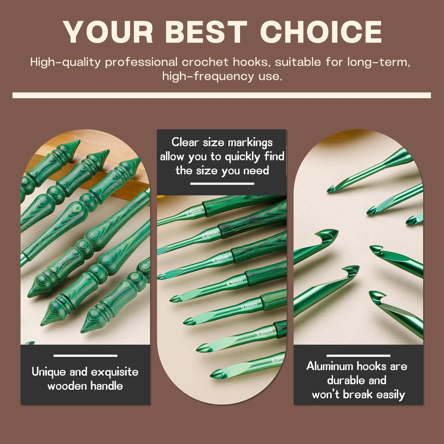 BALDCC Wooden Crochet Hooks 8 Sizes, Ergonomic Crochet Hooks Set for Arthritic Hands 3mm-7mm, Aluminum Crochet Hook Hand Polished Handle with Storage Bag for Crocheting and Knitting (Green Bag)
