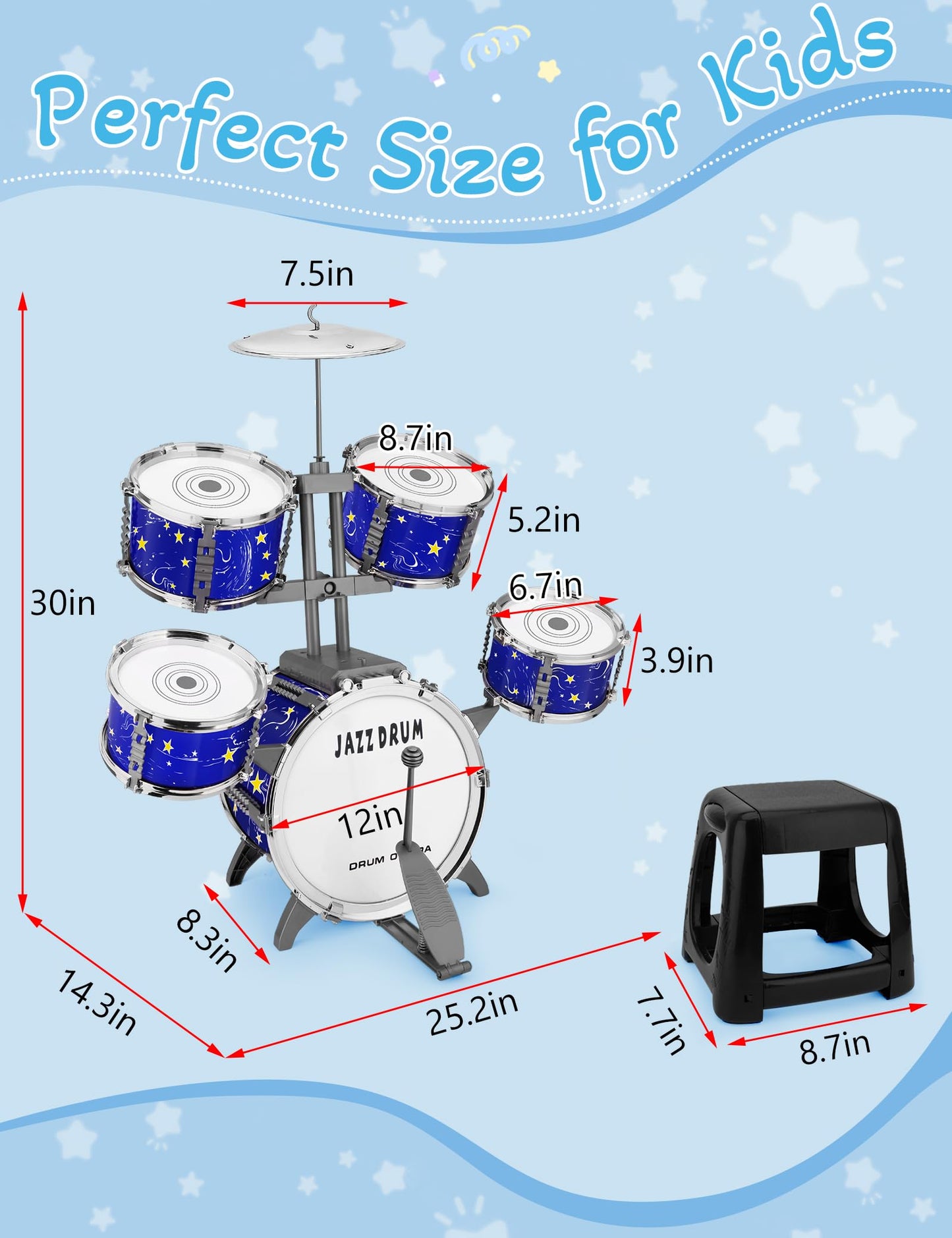 Upgraded Kids Drum Set for Toddlers Plastic Musical Jazz Drum Instruments Kit Birthday Musical Learning Toys for 4 5 6 Boys Girls, Starlight Blue