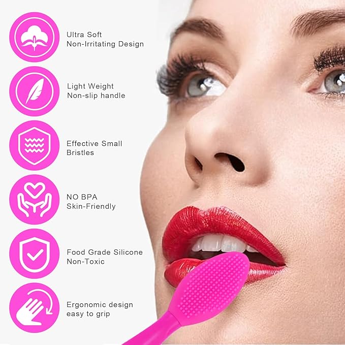 Lip Scrub Brush,Double-Sided Silicone Exfoliating Lip Brush Tool for Smoother and Fuller Lip Appearance,Fuchsia,2pcs