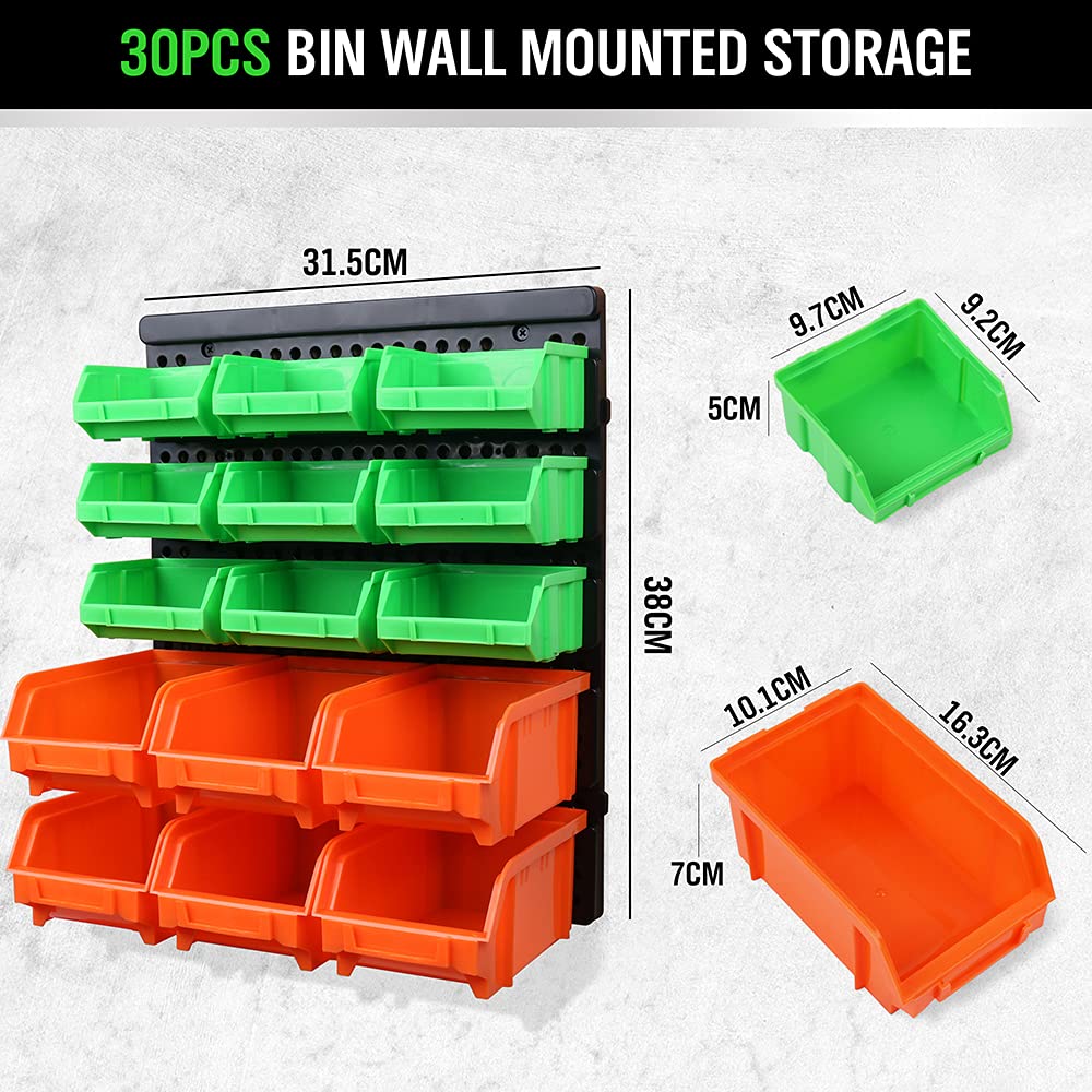 SWANLAKE GARDEN TOOLS 30-Bin Wall-Mounted Storage Bins, Heavy-Duty Garage Tool Organizer for Screws, Nuts, Bolts, Nails, Small Hardware Parts - Easy Installation and Customizable