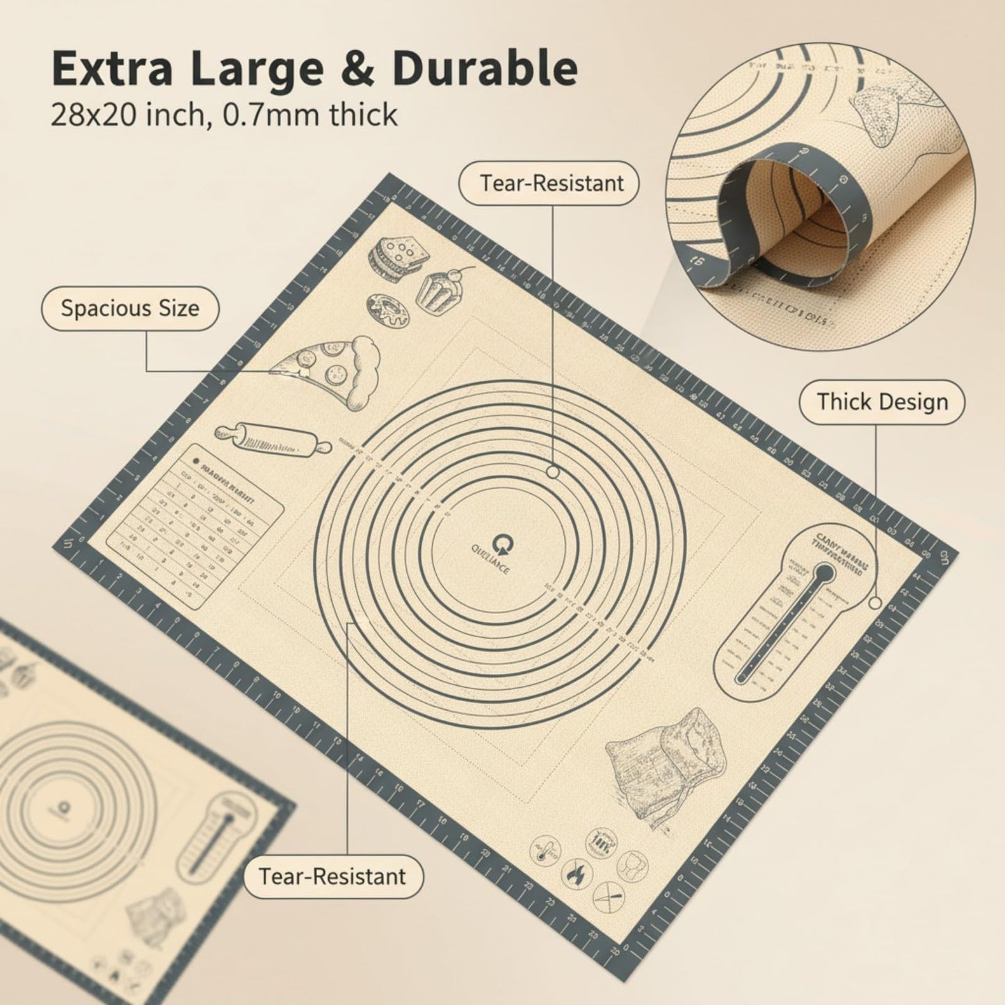 Silicone Baking Pastry Dough Mat - 28x20Inch Extra Large Cookie Bread Rolling Mats Sheet, Nonstick Kitchen Counter Kneading Board Thick Reusable Pie Cookies Pizza Fondant Making Matt Baking Supplies