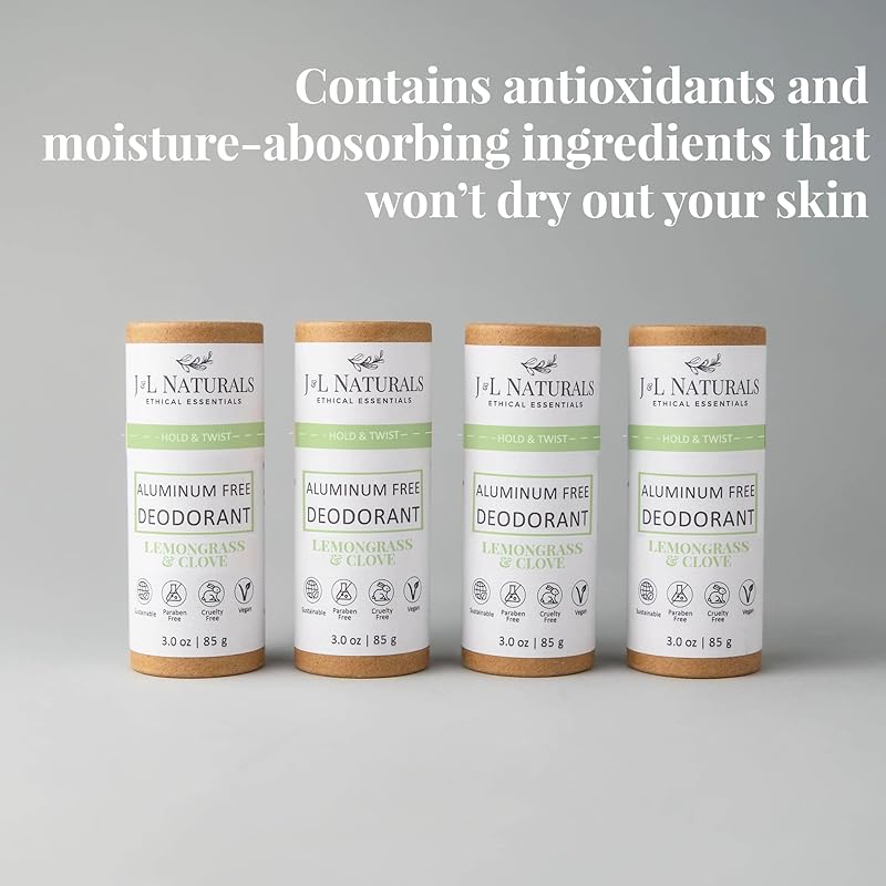 J&L Naturals Aluminum Free Deodorant for Men & Women | 100% Natural Ingredients With Coconut Oil, Shea Butter, & Essential Oils | Sustainable, Eco-Friendly (Lemongrass & Clove, 3.0 Oz (Pack of 4))