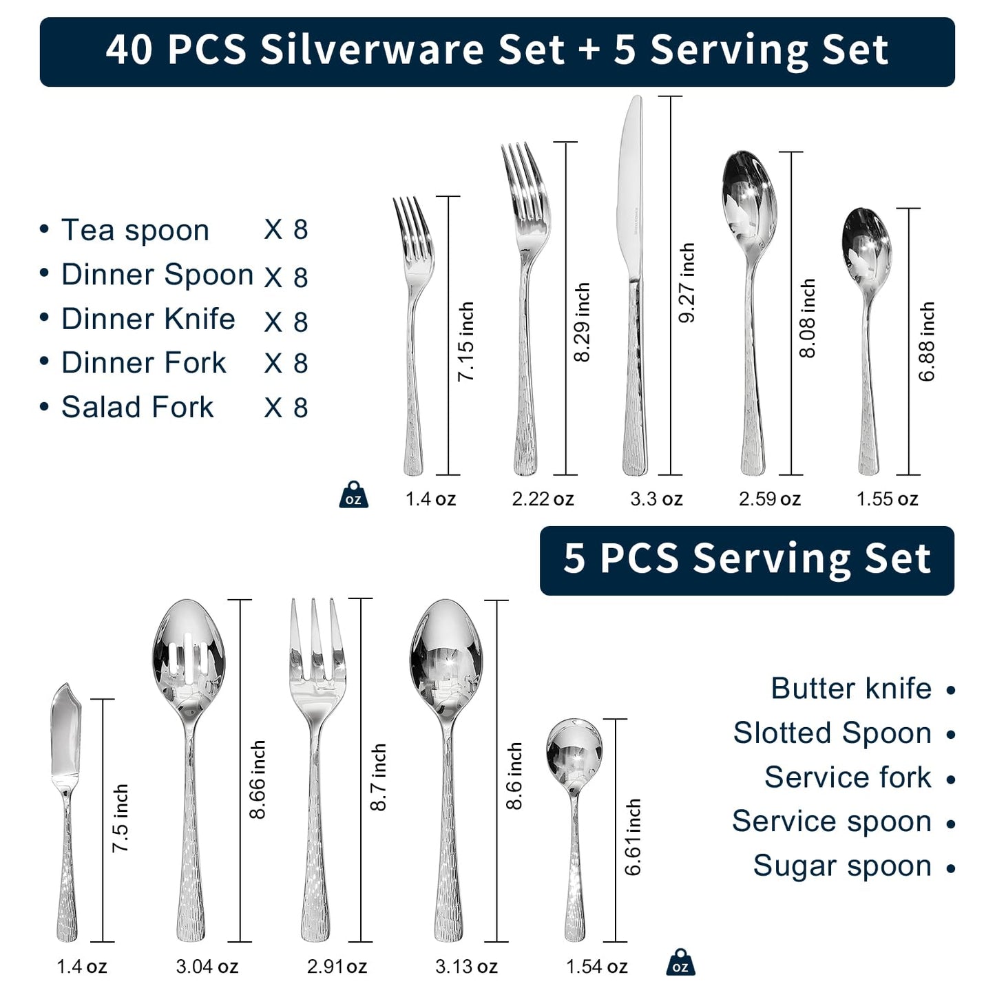 KINGSTONE Hammered Silverware Set, Flatware Set with Serving Utensils, 18/10 Stainless Steel Premium Cutlery with Unique Ripple Handles Design Mirror Polished - Dishwasher Safe (45-Piece)
