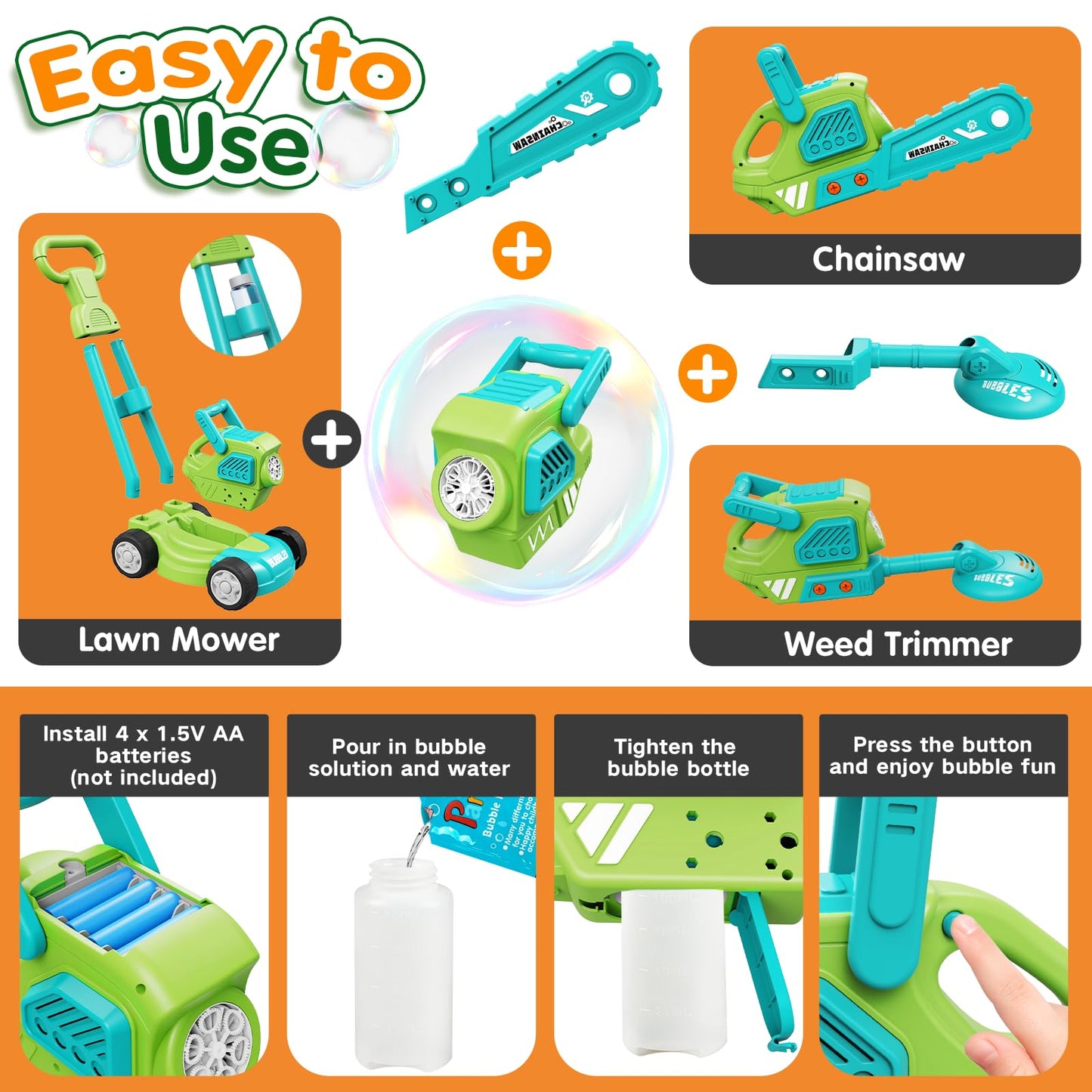 Bubble Lawn Mower for Kids, 3-in-1 Bubble Machine Blower with 10 Bubble Solution, Outdoor Push Toys for Toddlers Ages 3-8, Birthday Easter Summer Gift for Boys Girls 3 4 5 6 7 8 Year Old