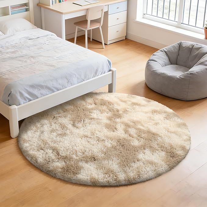 Fluffy Round Rug,Soft Area Rugs for Girls Room,Shaggy Rugs 5'X5' for Living Room,Non Slip Circle Rug for Kids Bedroom,Shag Plush Nursery Carpets,Fuzzy Rug for Dorm,Room Decor Carpet,Tie-Dyed Beige