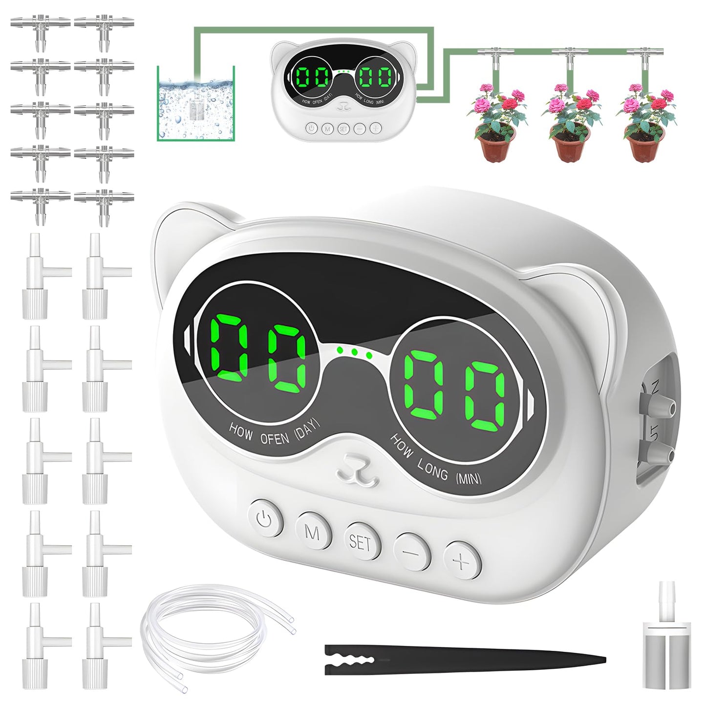 Automatic Plant Waterer, 1000ml Indoor Self Watering System Auto Drip Irrigation System for 10 Potted Plants with LED Display Programmable Timer Plant Watering Device