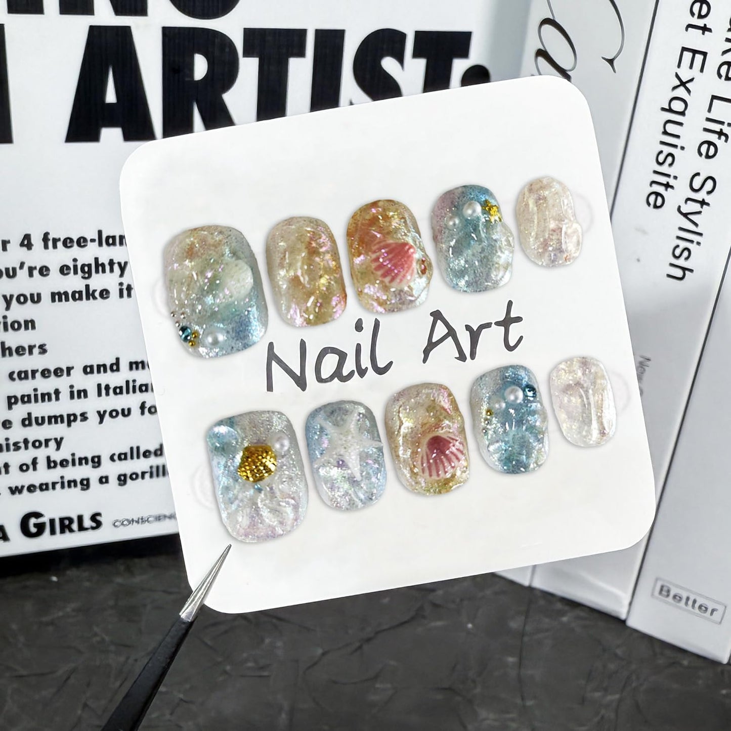 Short Square Shaped Press on Nails Gradient Fake Nails Handmade Press on Nails Luxury Starfish Seashell and Pearl Designs Full Cover Thick Stick on Nail Glitter Acrylic Nails for Women (Size S)