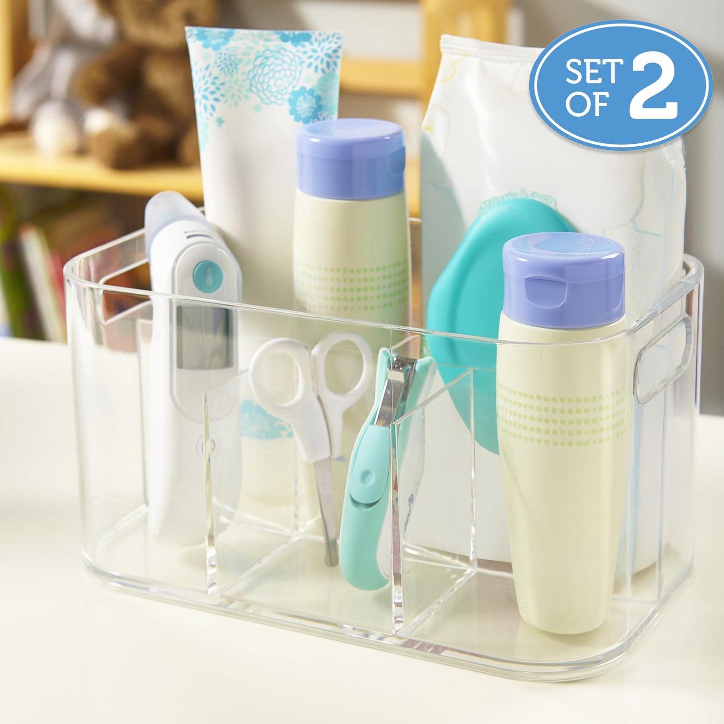 STORi Bliss 5-Compartment Plastic Cosmetics Storage Organizer, Set of 2 | Clear | Rectangular Divided Makeup Bin & Vanity Caddy with Pass-Through Handles | Round Corner Design | Made in USA