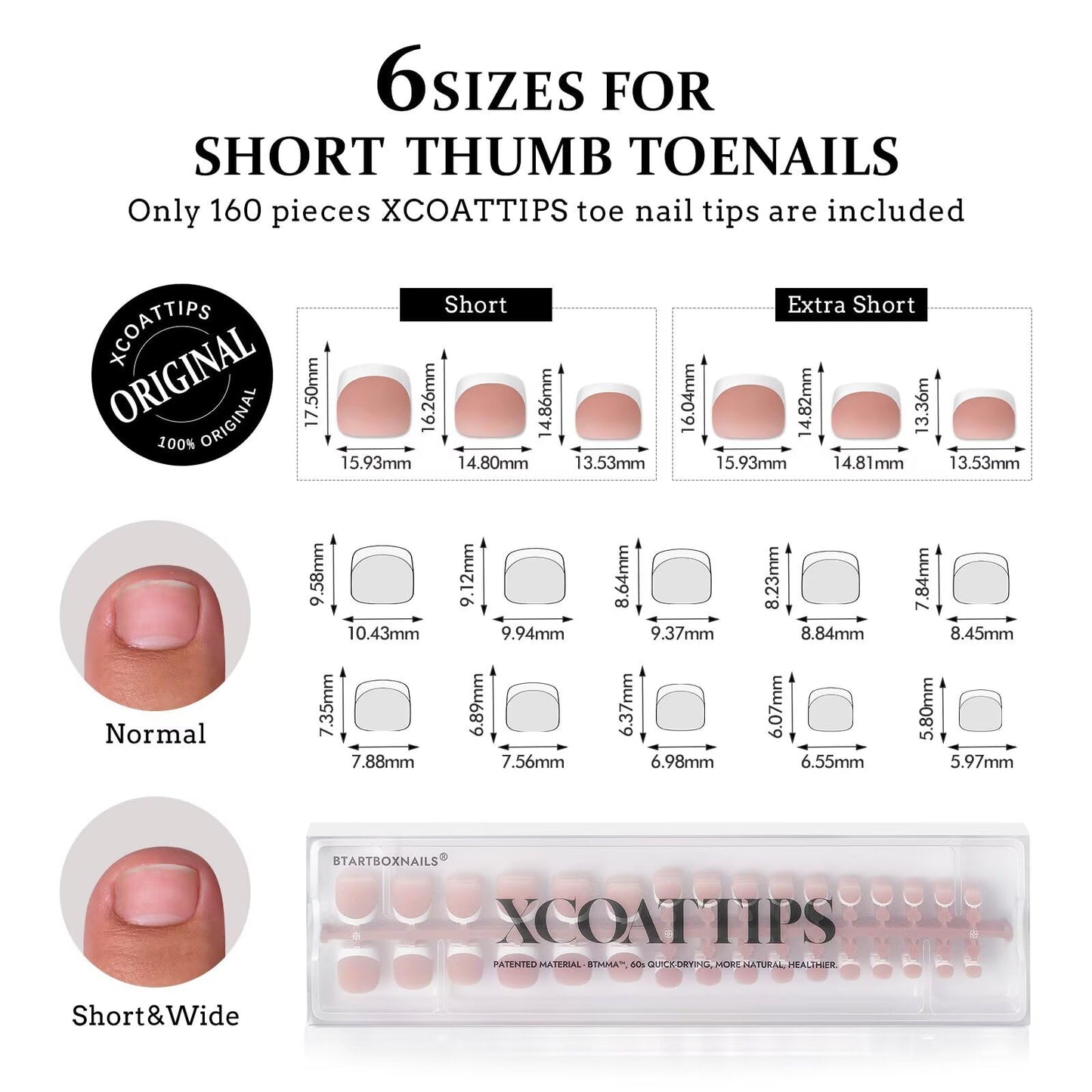 BTArtboxnails XCOATTIPS Toe Nail Tips - 160Pcs Short French Toe Nail Press Ons, French Tip Press On Toenails Brown Base, Soak Off False Toe Nail Extensions