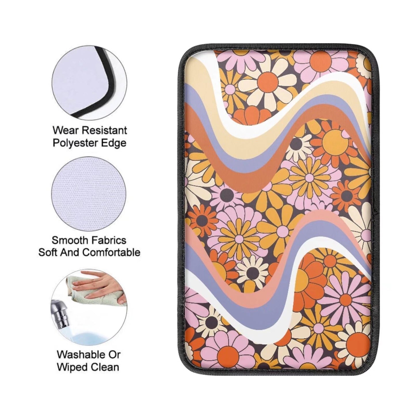 Dreaweet Hippie Flower Car Center Console Cushion Pad,Universal Armrest Seat Box Cover Protector,Comfortable Car Decor Accessories Fit for Most Cars,Trucks,SUV