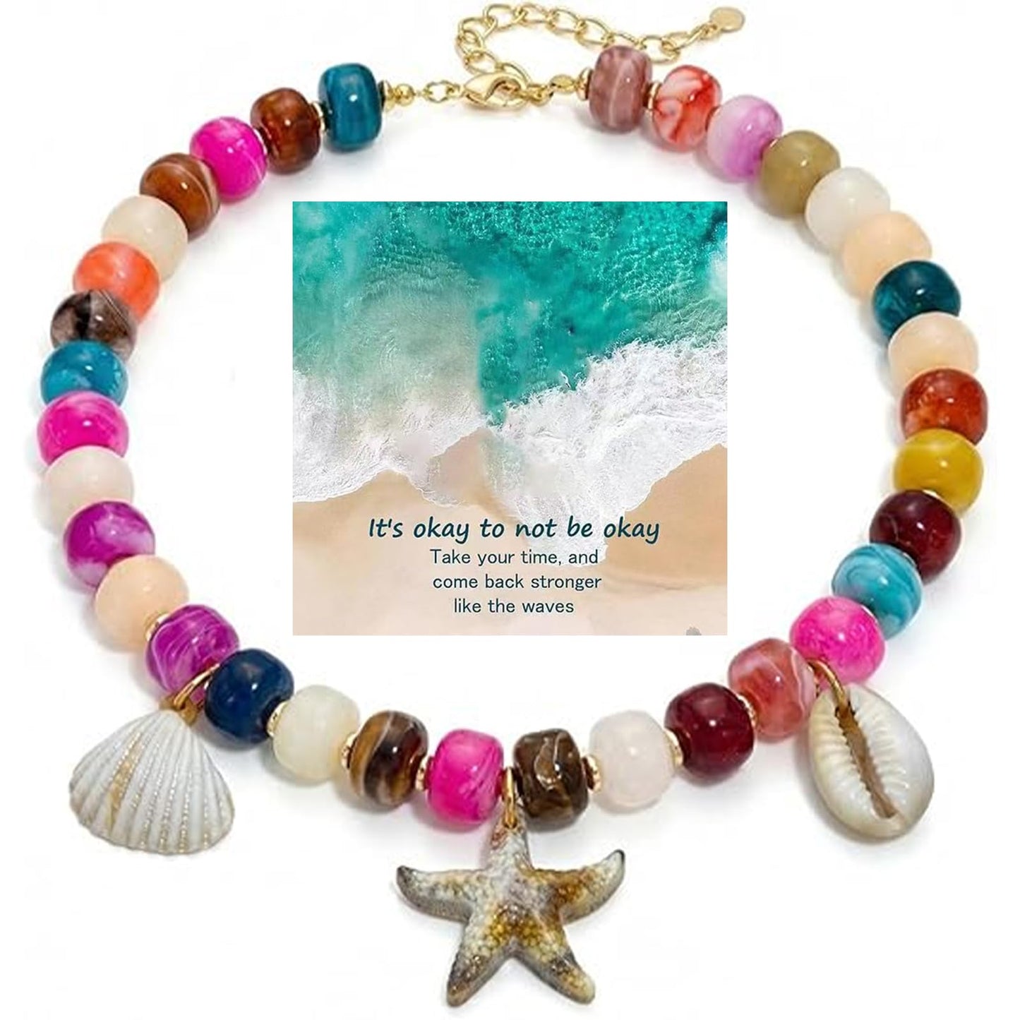ROYNRAU Chunky Colorful Beaded Necklace for Women-Unique Resin Beads Starfish Shell Charms Pendant Choker Necklaces Boho Statement Summer Vacation Beach Jewelry (Starfish)