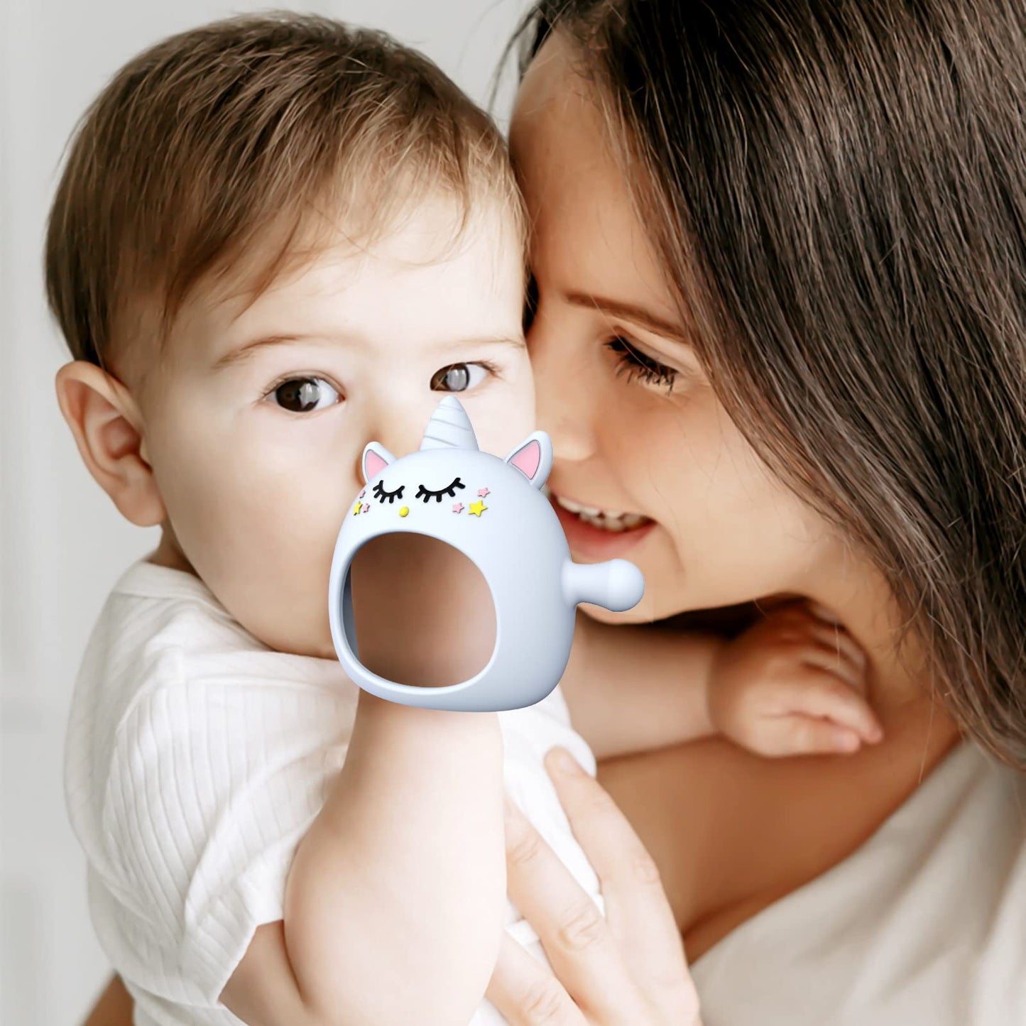 Teething Toys for Babies 0-6 Months, Tinabless Unicorn Never Drop Silicone Teether for Babies 6-12 Months, Hand Pacifier for Breast Feeding Baby, Baby Chew Toys Freezer Safe for Newborn, Blue