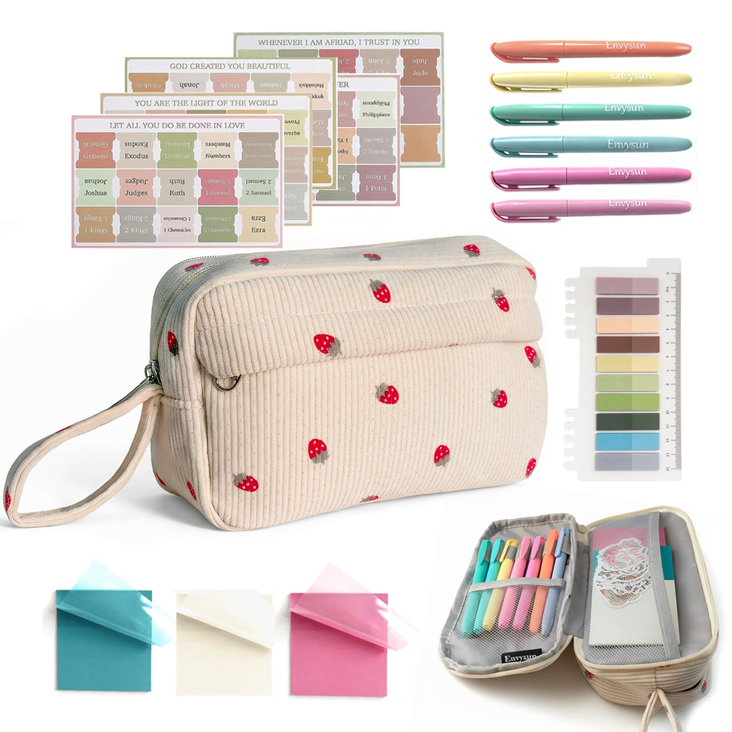 Envysun Bible Study Supplies Journaling Kit for Women - Bible Annotation Kit with No Bleed Highlighters, Tabs & Pen Case - Starter Christian Gift for Daily Devotion & Note Taking (Beige Strawberry)