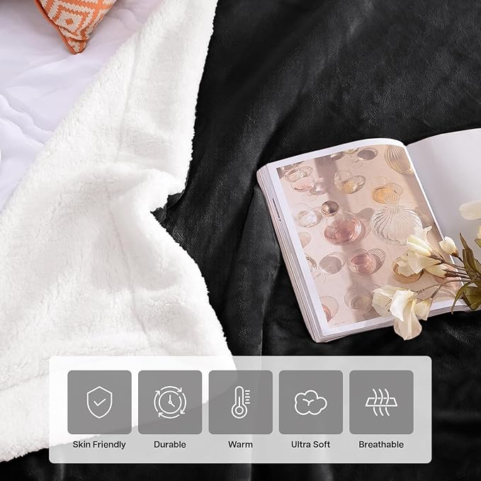 IR Imperial Rooms Sherpa Blankets Queen Size - Thick and Warm Black Blankets for Winter, Reversible Soft and Fuzzy Fluffy Queen Size Blanket for Bed, 90x90 Inches
