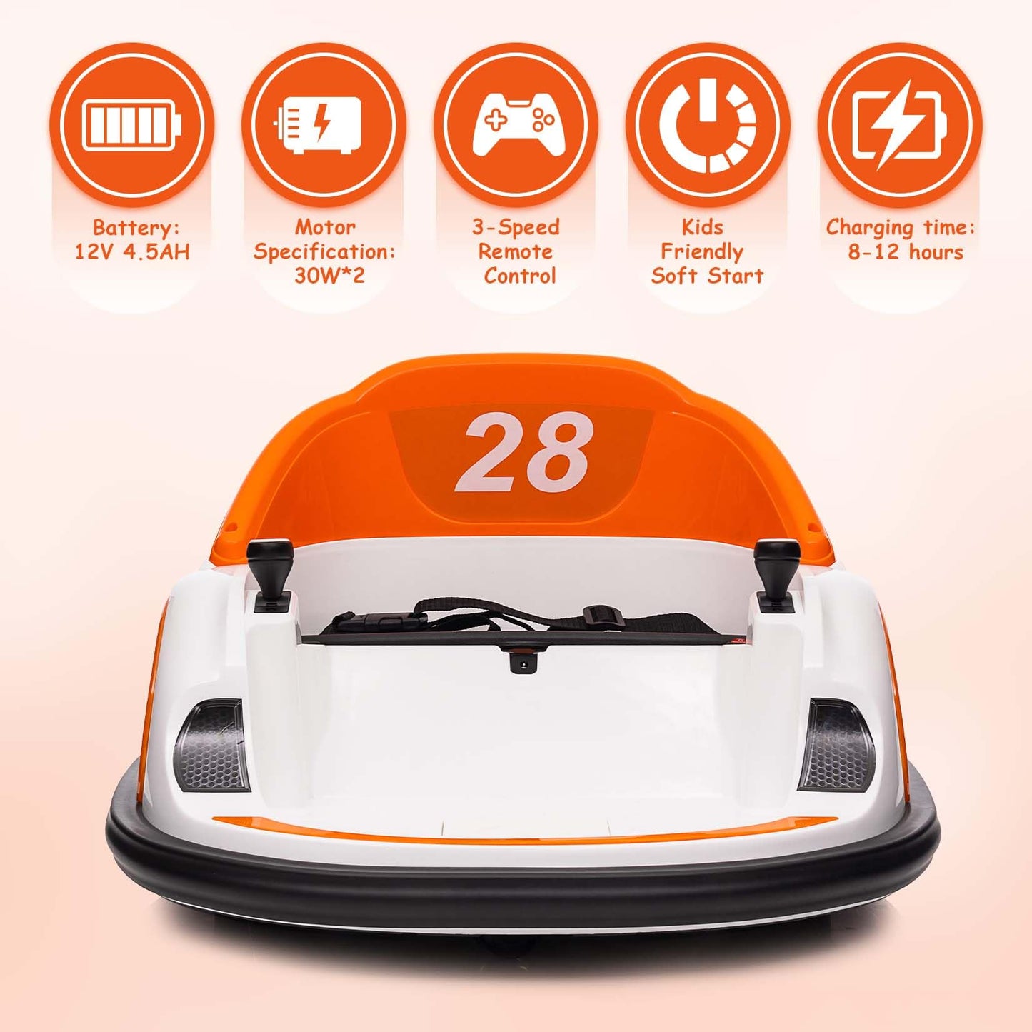 12V Kids Ride On Bumper Car Electric Vehicle for Toddlers Ride on Toy Bumping Car with Remote Control, Battery Display, 360°Spin, LED Lights, MP3, USB, Orange