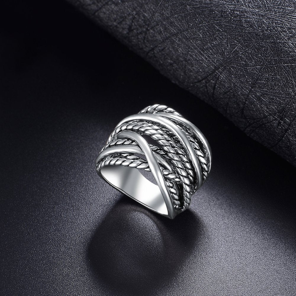 Mytys Gold and Silver Statement Rings for Women Wire Intertwined Design 14K Gold Plated Silver Band Ring Wide Index Finger Rings Costume Jewelry (Silver, 8)