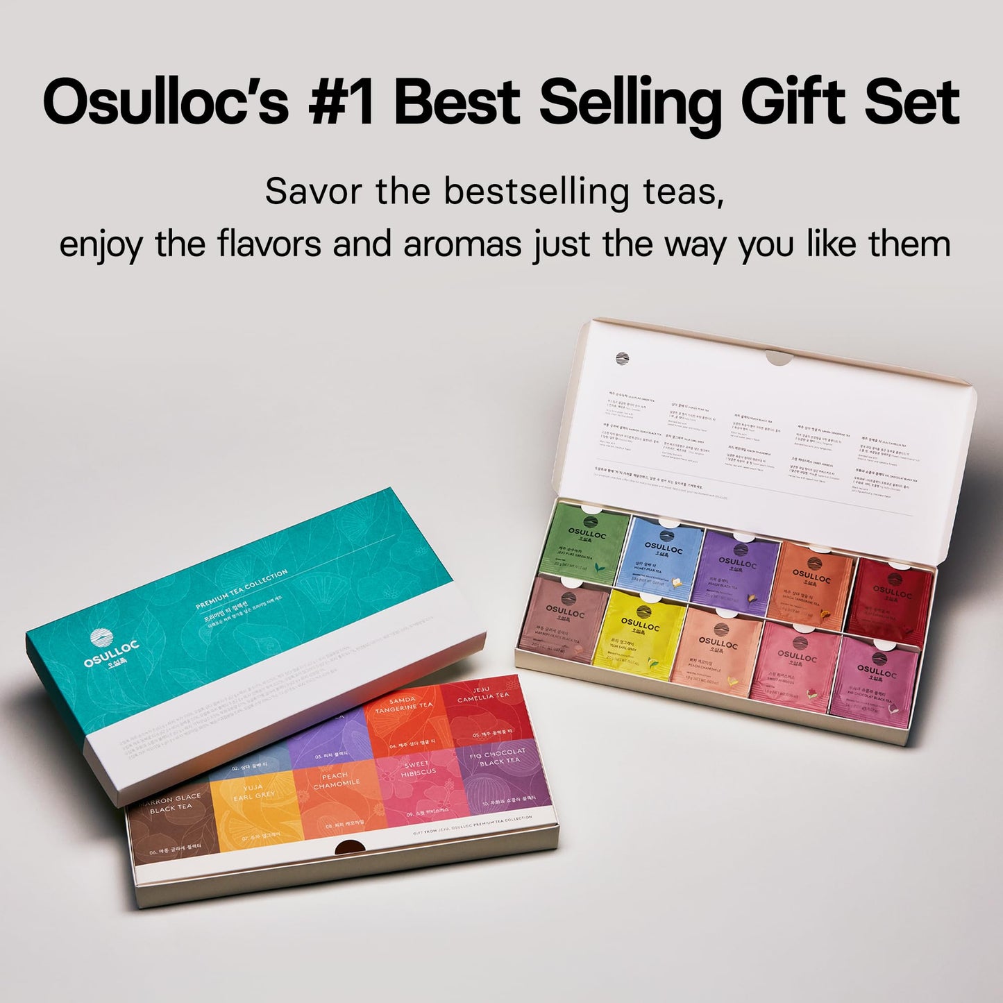 OSULLOC Premium Tea Collection (40 count, 10 flavors x 4 ea), Self Care Sampler Gift Box Variety Pack, Premium Organic Pure & Blended Tea from Jeju