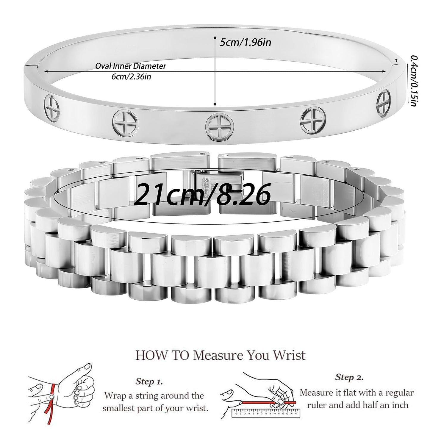 18K Gold Plated Stackable Love Bangle Bracelets for Women,Silver Chain Link Watch Bracelet,Non-Tarnish Jewelry with Adjustable Tool.(2pcs-B Silver)