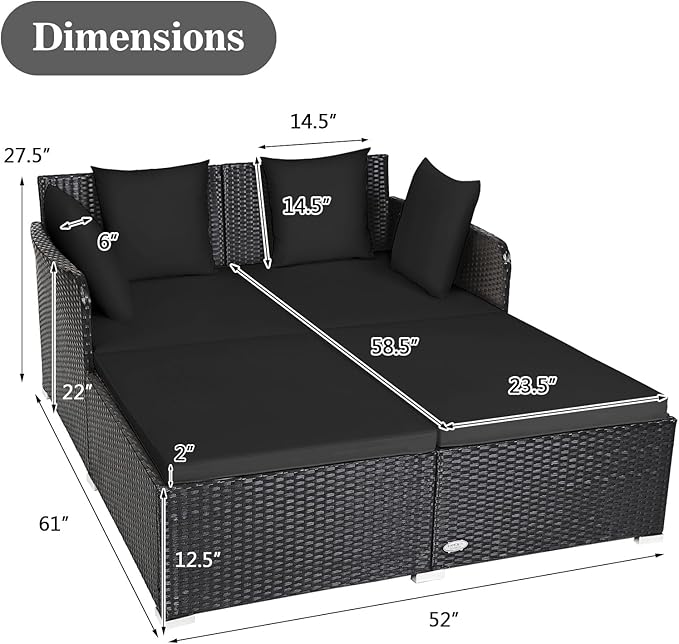 HAPPYGRILL Patio Rattan Daybed Outdoor Loveseat Sofa Set with Padded Cushion Pillows and Sturdy Aluminum Foot Wicker Patio Furniture for Garden Porch Poolside