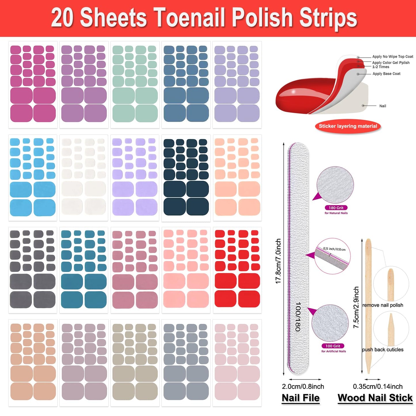 DANNEASY 440PCS/20 Sheets Toe Nail Stickers - Dusky Solid, Toenails Polish Strips Toes Nail Wraps for Women, UV Free | Easy to Stick | Adhesive Gel Toenail Strips with 1 File, 1 Cuticle Stick