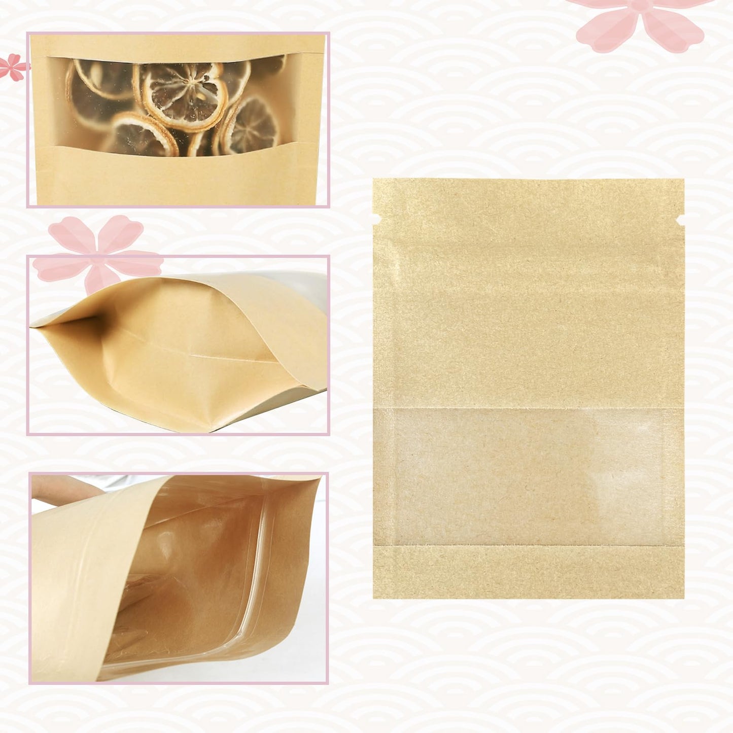 100pcs 100 Pack Clear Window Brown Kraft Paper for Zip Seed Packets Lock Food Storage Bags Zipper Envelopes Resealable Heat Seal Pouch Coffee Packet 3.5x5.1inch