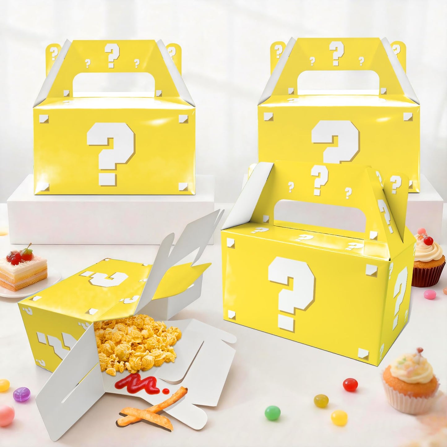 12 Pack Pixel Video Game Question Mark Birthday Party Candy Boxes, Yellow Surprise Gift Boxes with Handles for Adults, Boys & Girls, Ideal for Pixel Mining World Theme Party Favors and Decorations