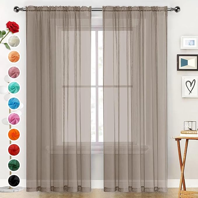SpaceDresser Basic Rod Pocket Sheer Voile Window Curtain Panels Taupe 1 Pair 2 Panels 52 Width 84 Inch Long for Kitchen Bedroom Children Living Room Yard（Taupe, 52W x 84L）