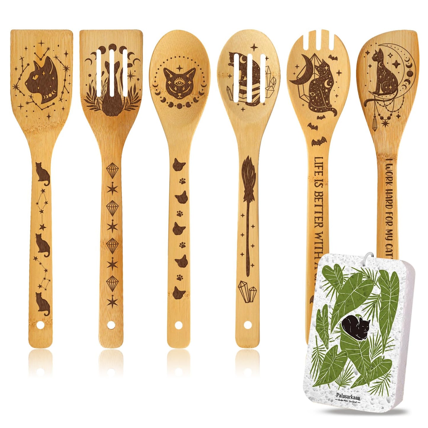 Gothic Magic Cat Engraved Bamboo Spoons (6 Pcs) | Witchy Kitchen Utensils for Halloween, Goth Home Decor, Spooky Housewarming & Birthday Gifts