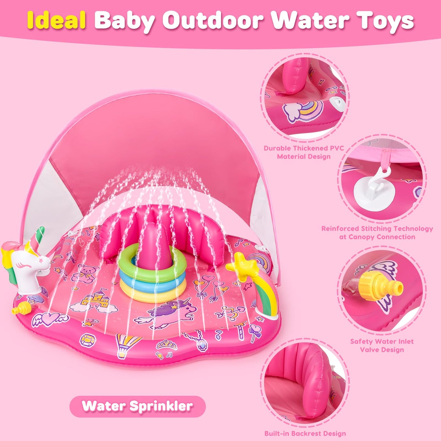 Baby Pool Float with Sprinkler, Inflatable Baby Splash Pad with Stackable Rings Game, Baby Splash Mat with Canopy & Backrest for Toddlers Garden, Beach, Backyard and Bathroom (Pink)