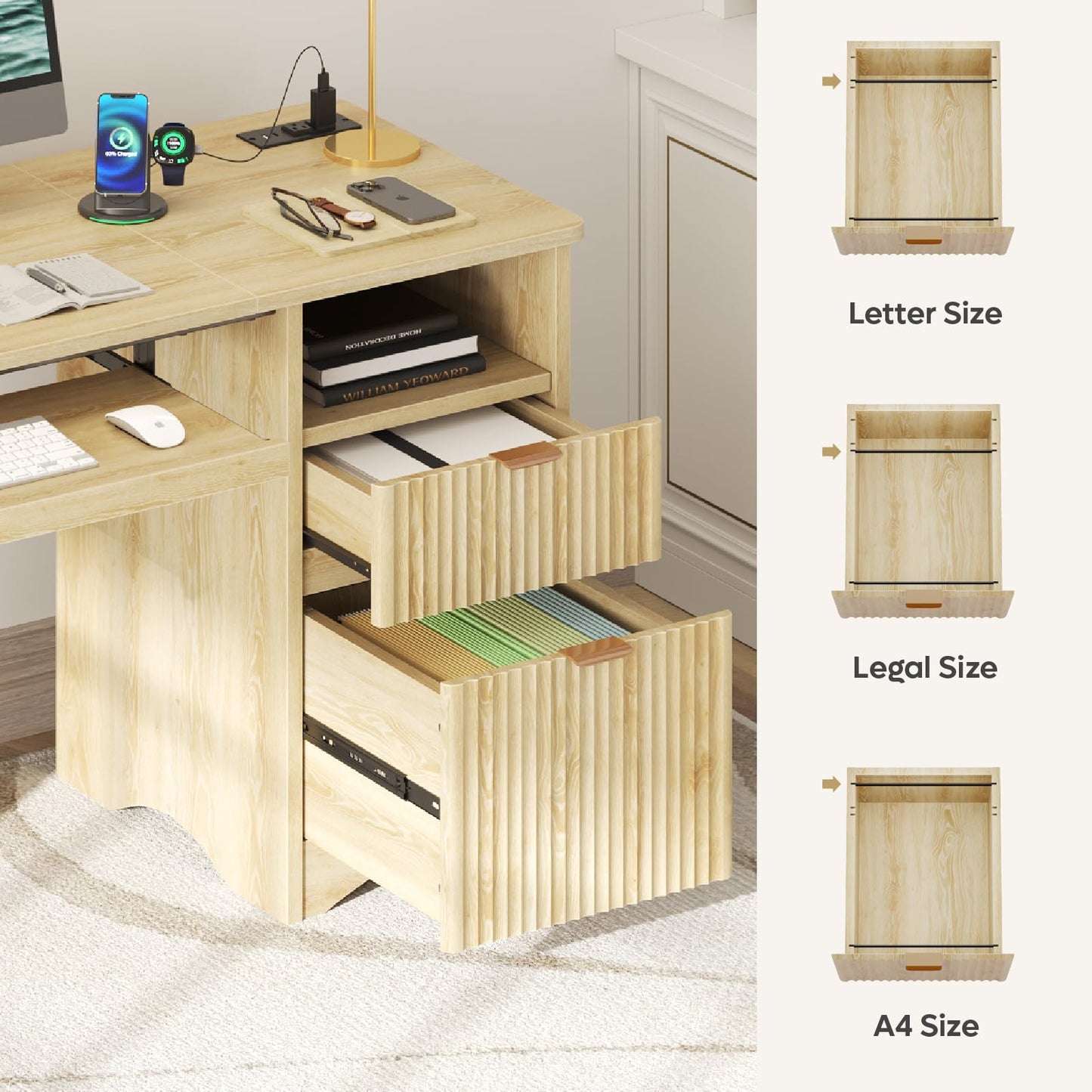 Bestier Computer Desk with Drawer, 55 inch Office Desk with Power Outlet, Modern Home Office Desk with Keyboard Tray (Natual Oak, 55" W with Single-Sided Drawers)