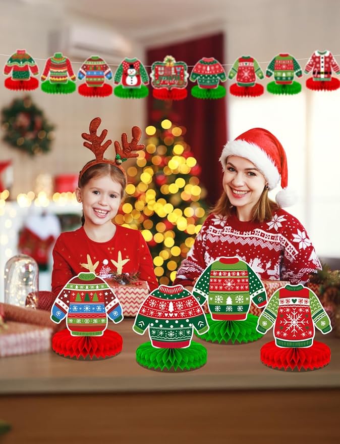 Christmas Ugly Sweater Party Table Decorations, 9 Pcs Ugly Sweater Honeycomb Centerpieces, 3D Funny Holiday Table Topper for Christmas Party Supplies, Winter Home & Office Decor
