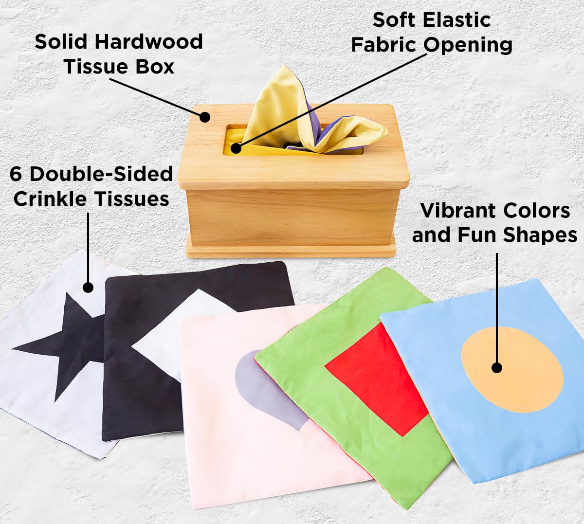 Sensory Tissue Box Toy for Babies 6-12 Months - Montessori Baby Tissue Box with Crinkle Paper, Natural Wooden Toy for Infants