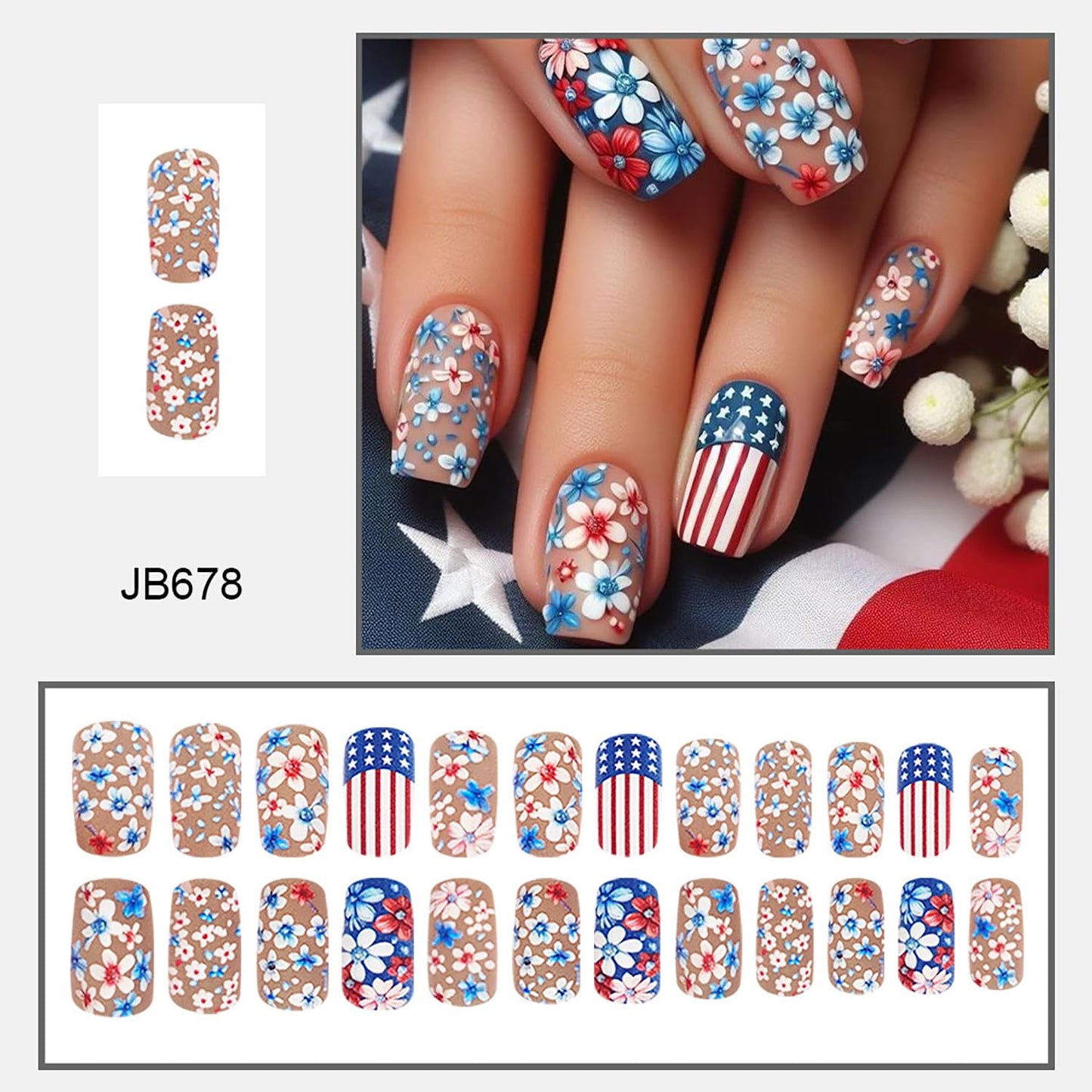 24Pcs Independence Day Press on Nails Medium Square Flower Red White Stripes Pattern Design Matte False Nails 4th of July Patriotic Artificial Nail Full Cover Holiday Manicure Glue on Nail for Women